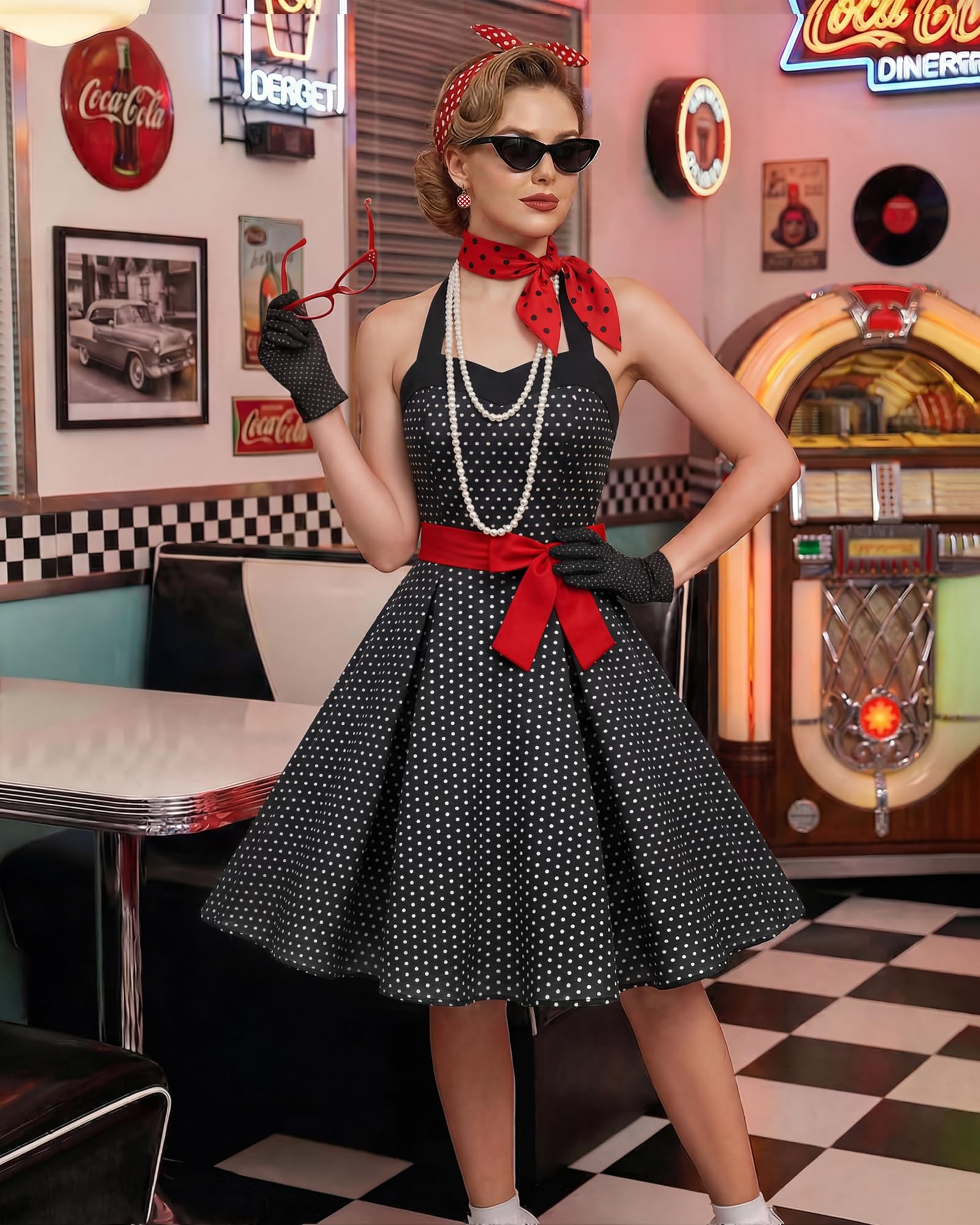 WILDPARTY Abito da donna anni '50, stile rockabilly, con 10 accessori, piccoli pois bianchi e neri, L | Costume vintage anni '50 con vestito a pois per carnevale, rockabilly, feste da ballo e feste a tema anni '50