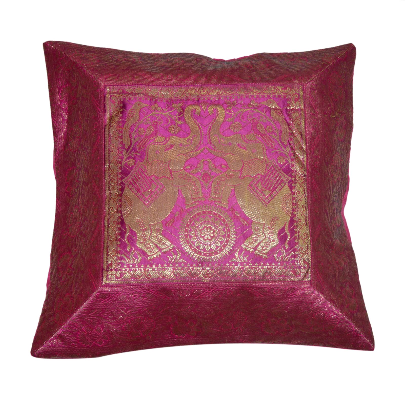 Marusthali Home Decorations Silk Elephant Bohemian Cushion Cover Set of 1, 2, 5 Handcrafted Patchwork Throw Pillow, Decorative Boho Sofa Cushion Covers for Home & Gift Size 16 X 16 Inches (Pink, 1)