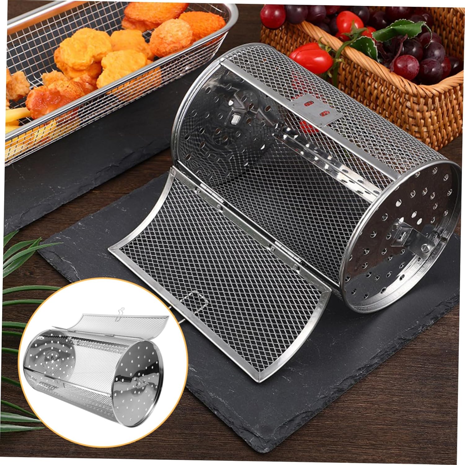 Stainless Steel Rotisserie Basket for Oven Electric Grill Cage Roaster with Door for Uniform Roasting of Nuts Vegetables Chestnuts and Sweet Potatoes Kitchen Rotating Kabob