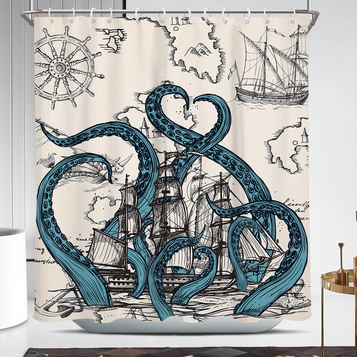 Coxila Vintage Octopus Shower Curtain Retro Nautical Fun Funny Beige Ocean Sea Cool Kraken Ship Pirate World Map Mens Boys Anime Unique Adventure