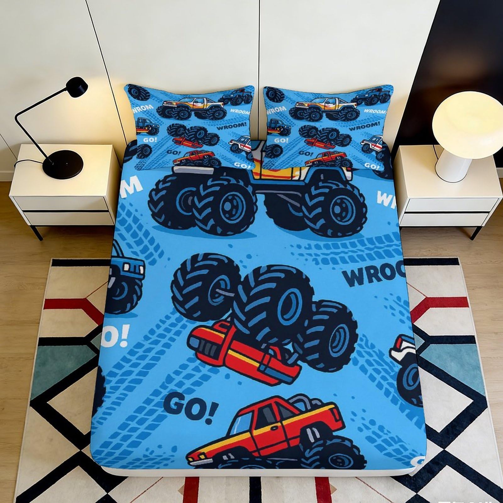 Jqzkxnhpbr Style-10 3D Printed Monster Truck Fitted Sheet Microfiber Blue Cartoon Bed Cover For Bedroom Dorm Mattress Protection Decor 90X200x25cm