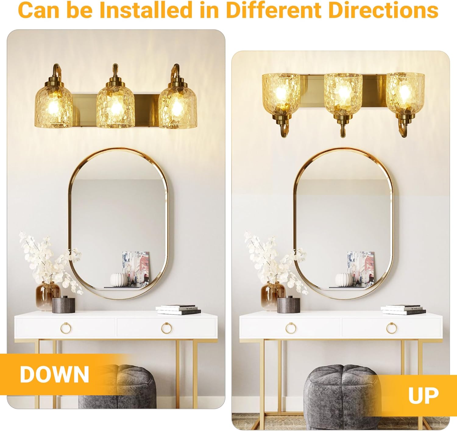 WJShome Modern Crystal Bathroom Vanity Light, 3-Light Gold Bathroom Light Fixtures, Vanity Lighting Fixtures Over Mirror with Clear Shades