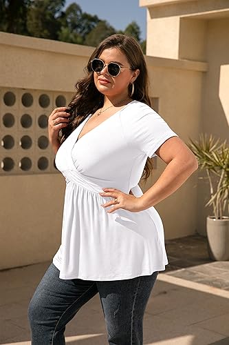 Miniatura 3 de TIANZHU Blusa de manga corta para mujer, talla grande, cuello en V, corte bajo, linda blusa