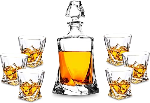 KANARS Juego de decantador de whisky, decantador de licor de cristal de alta calidad con 6 vasos antiguos para cóctel, whisky escocés, whisky