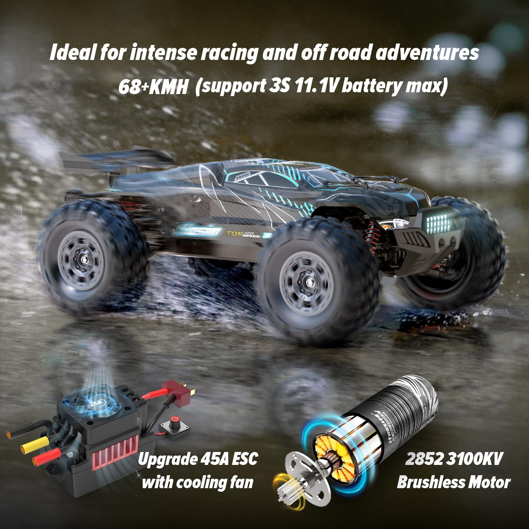 Hosim 1/10 Brushless RC Auto für Erwachsene, 68+ km/h High Speed Ferngesteuertes Auto, 4WD Wasserdicht All Terrain Offroad Hobby Schnell RC Truck, 2.4G Elektro RC Car mit 2 Akku für 40 Min