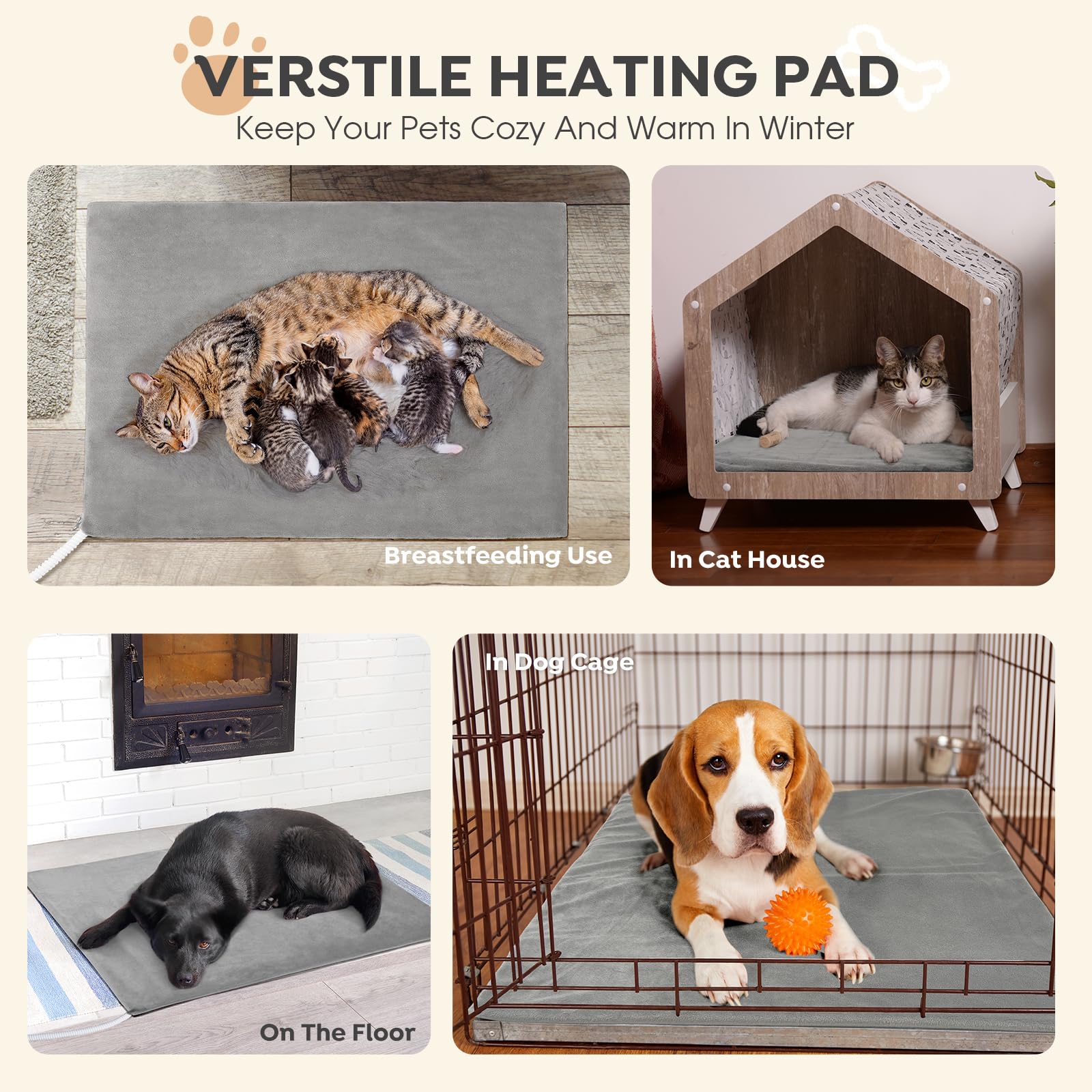 Veehoo Almohadilla Térmica para Mascotas, 35℃~43℃ Manta Eléctrica para Perros Gatos Interior Eléctrica para Perros Gatos Impermeable con Cable Antimordeduras Cubierta de Franela Removible, 60 x 80cm