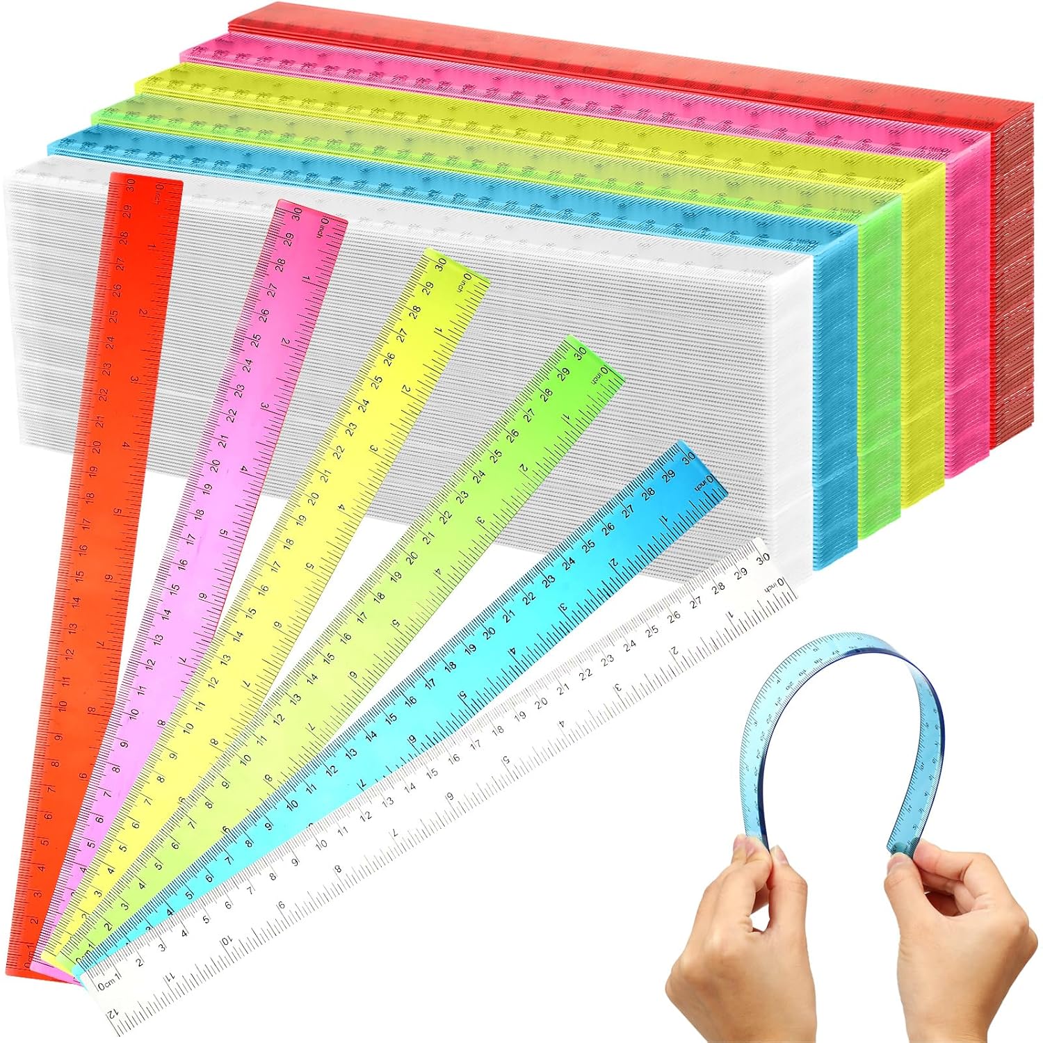 Fumete 300 Pack 12 Inch Plastic Rulers Bulk for Classroom Supplies Flexible Transparent Assorted Color Ruler with Centimeters and Inches for Office Teacher Student