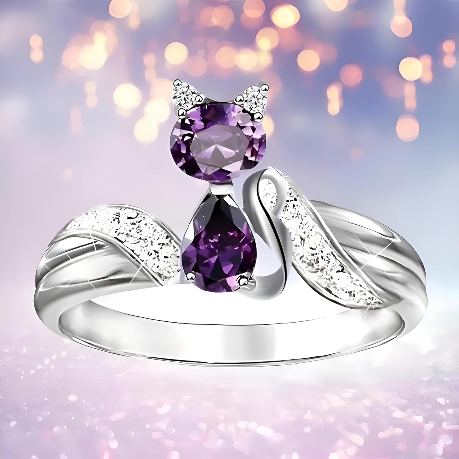 Stainless Steel Purple Crystal Cat Ring with Cubic Zirconia Accents - Glass Ring, Gift for Cat Lovers'