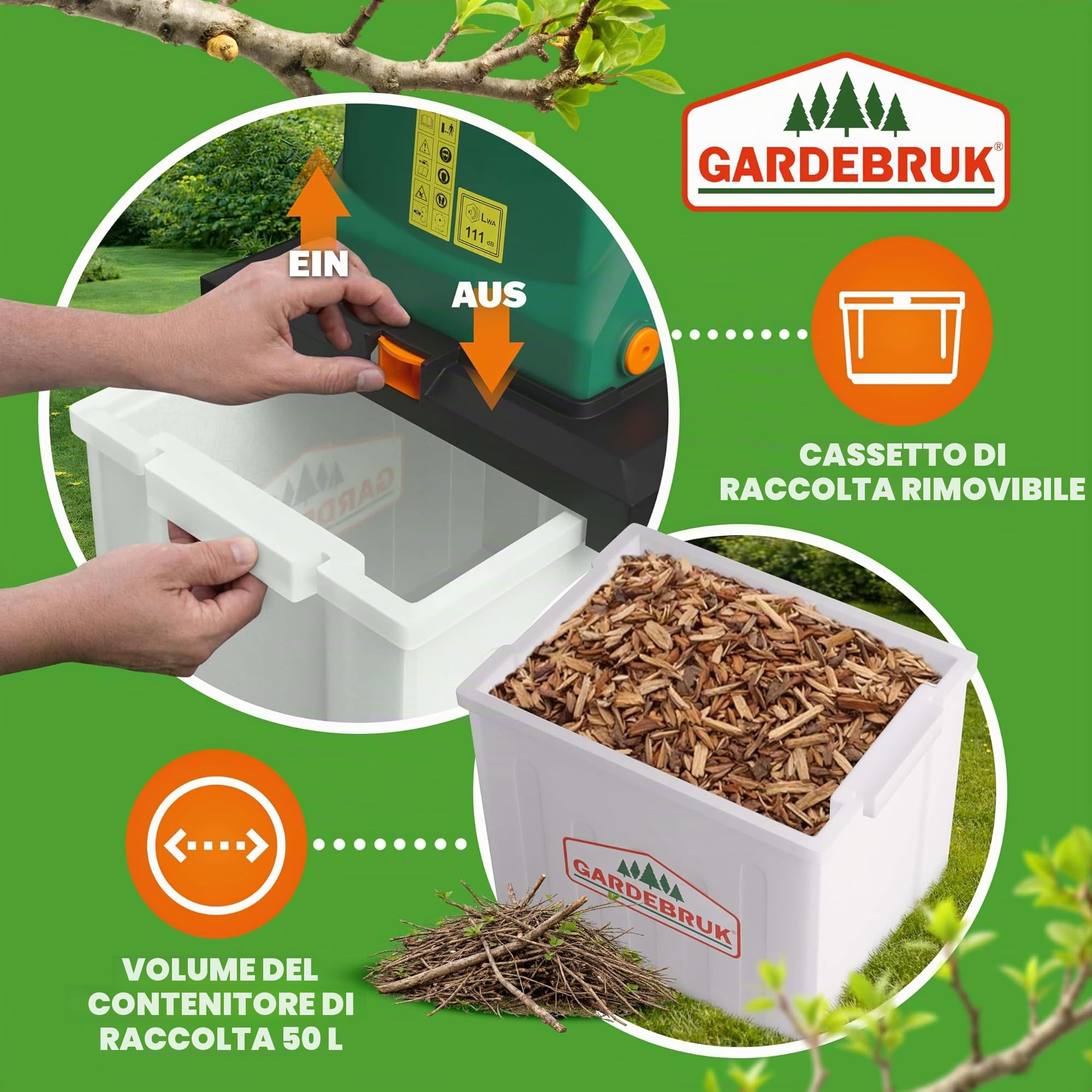 Gardebruk Trituratore da Giardino 3100 W 40 mm Rami Elettrico 50 L Cesta Raccolta Acciaio