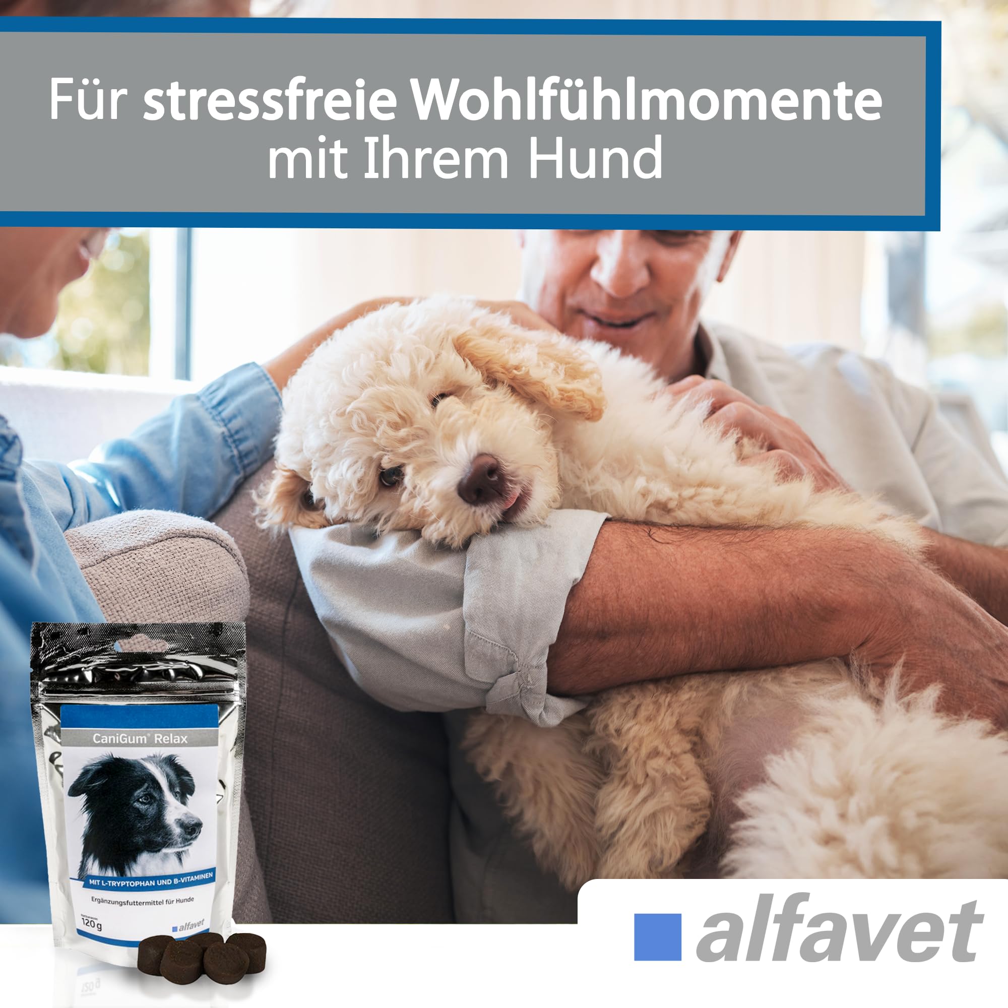 Alfavet CaniGum Relax, Ergänzungsfuttermittel für Hunde mit L-Tryptophan und B-Vitaminen, Beruhigung und Nervenstärke, 120g Kaudrops