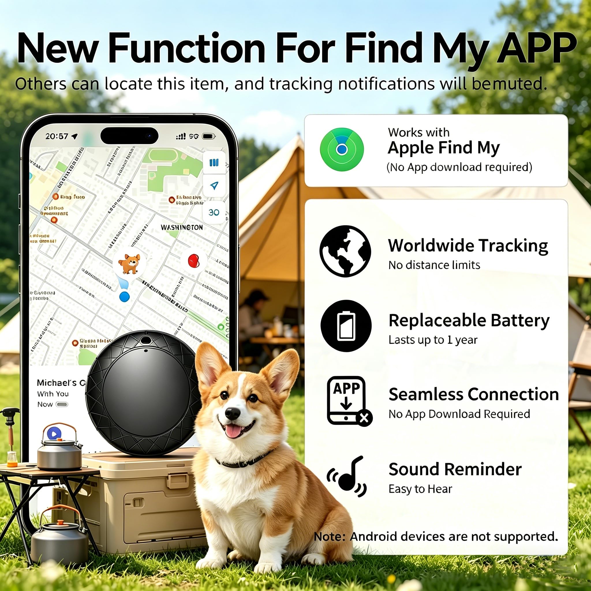 Localizzatore GPS per cani/gatti, collare intelligente con posizione in tempo reale, localizzatore di posizione per animali domestici con supporto, senza canone mensile/nessuna scheda SIM, funziona