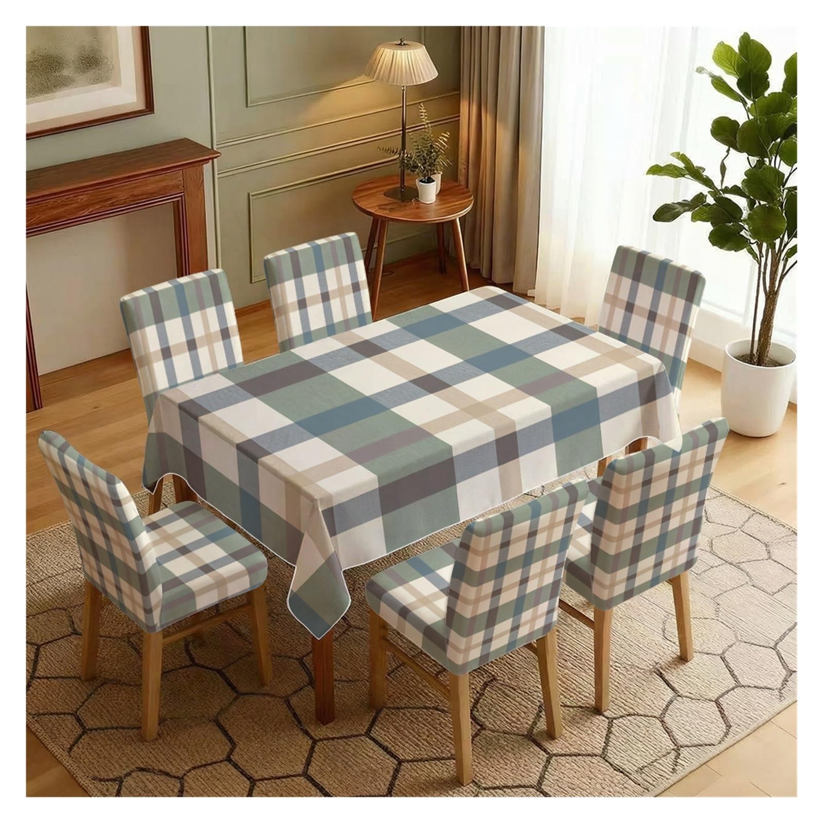 BOSUYBN Muted Sage Blue Plaid Dining Chair Covers & Tablecloth Set, 5/7 Piece Neutral Tartan Slipcovers For Rustic Farmhouse Decor Table Setting(7pcs Set: Tablecloth+Chair Covers)