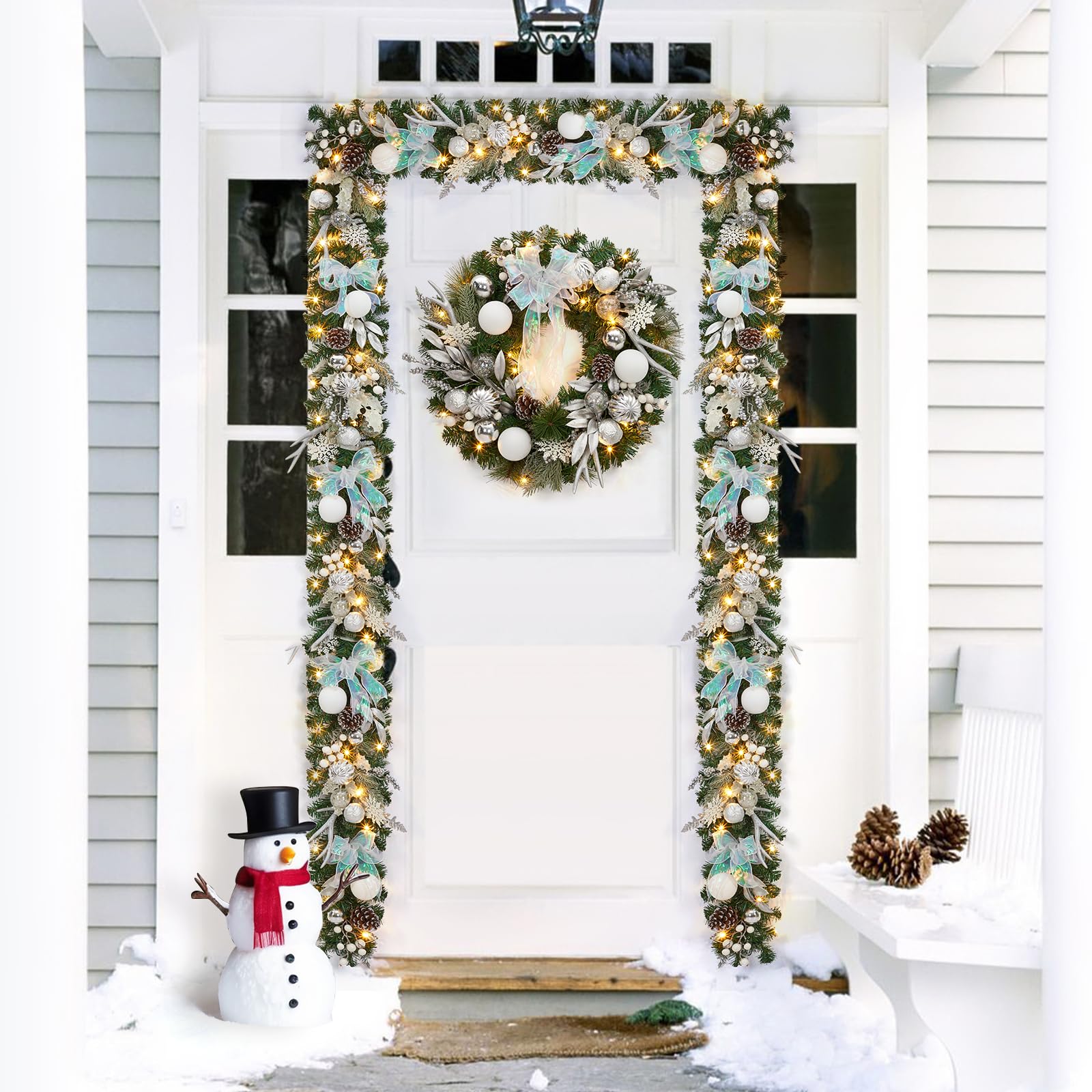 Couronne de Noël pré-éclairée pour Porte d'entrée, 61 cm, Couronne de Noël Lumineuse avec 20 lumières LED à Piles, décoration de Vacances pour Mur extérieur, cheminée