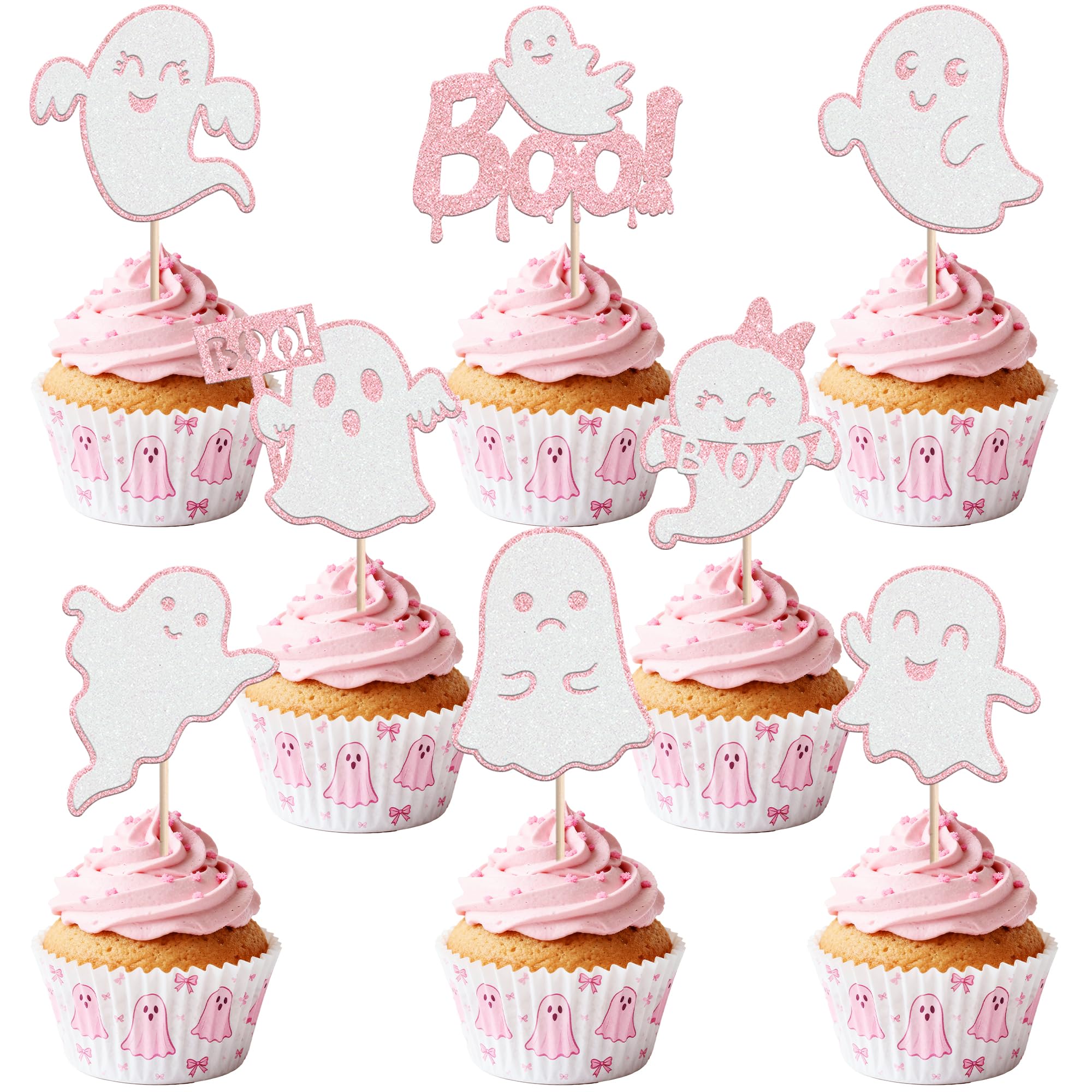 Xsstarmi 24 Pack Halloween Baby Shower Cupcake Toppers Pink Glitter Ghost Boo Cupcake Picks for Gender Reveal Kids Girls Birthday Halloween Party Cake Decorations Supplies