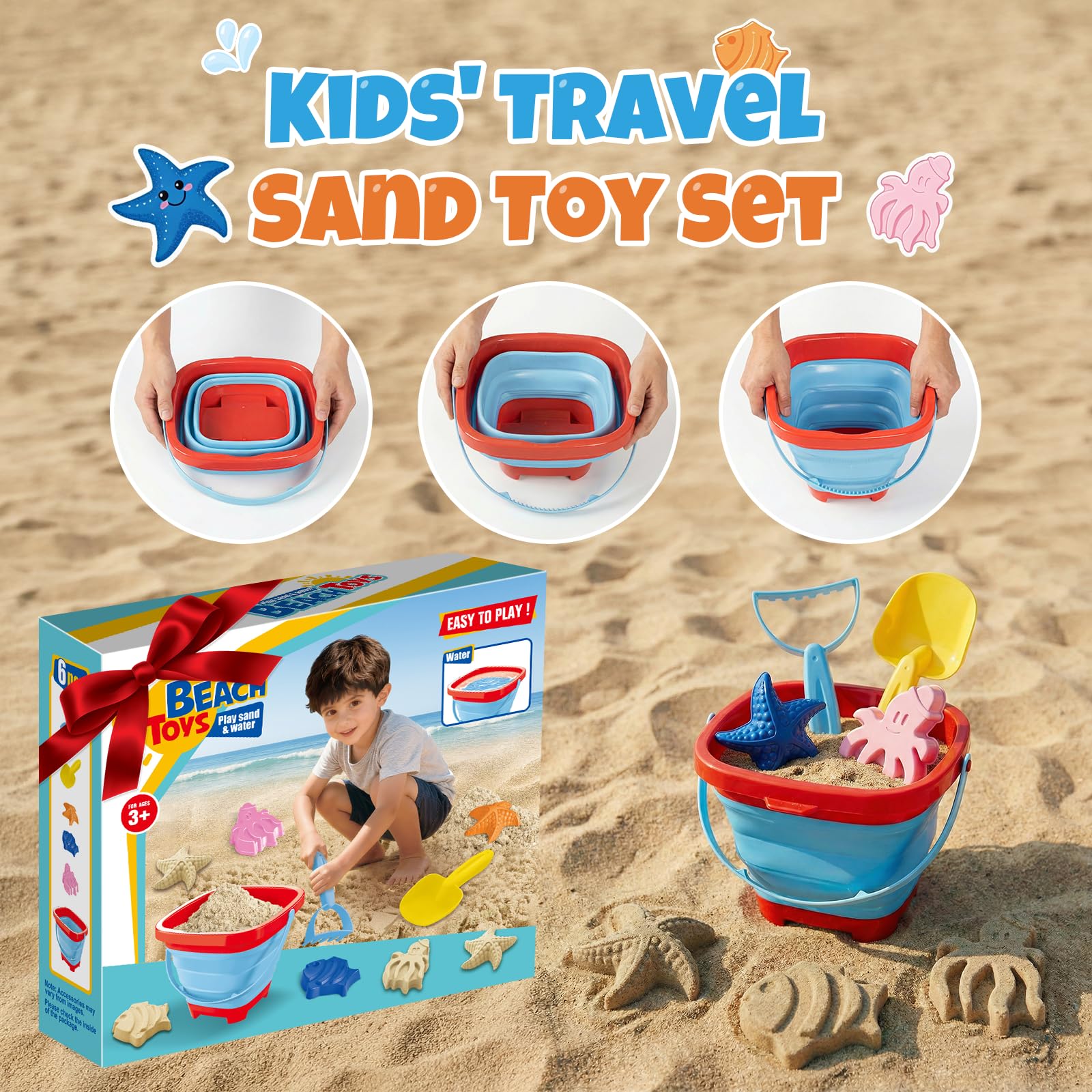Beach Toy Set for Children Including 1 Collapsible Sand Bucket, Shovel, Rake, 3 Sand Moulds and Mesh Storage Bag - Image 4