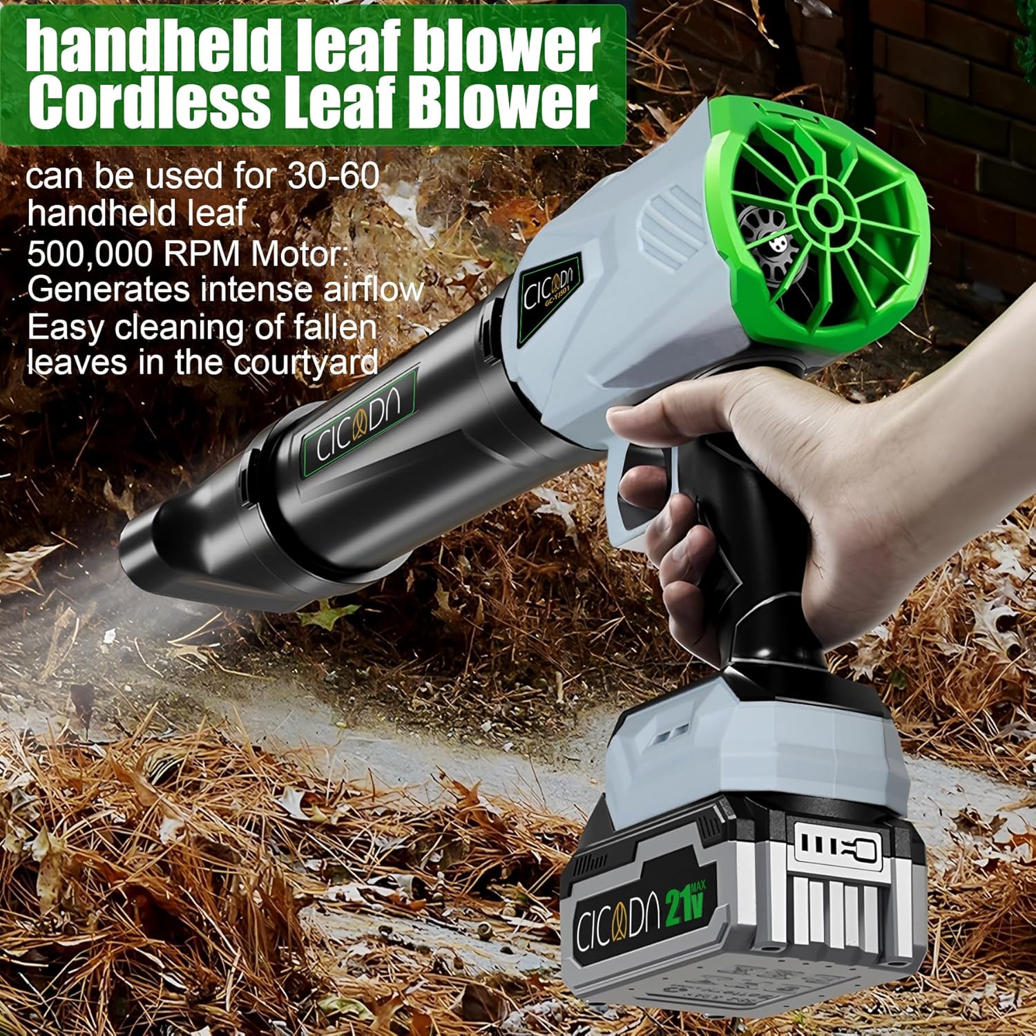 Cordless Leaf Blower 500,000 RPM with Extended Nozzle - 2×3.0Ah Batteries, Lightweight Handheld for Patio, Driveway, Snow & Debris Removal