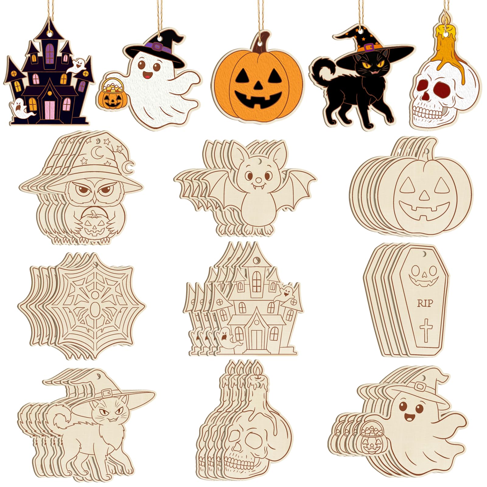 36Pcs Halloween Wooden Ornaments to Paint,9 Styles Unfinished DIY Halloween Crafts Decorations Wood Skull Pumpkin Ghost Bat Blank Hanging Gift Tags Ornaments for Kids Party Favor Supplies