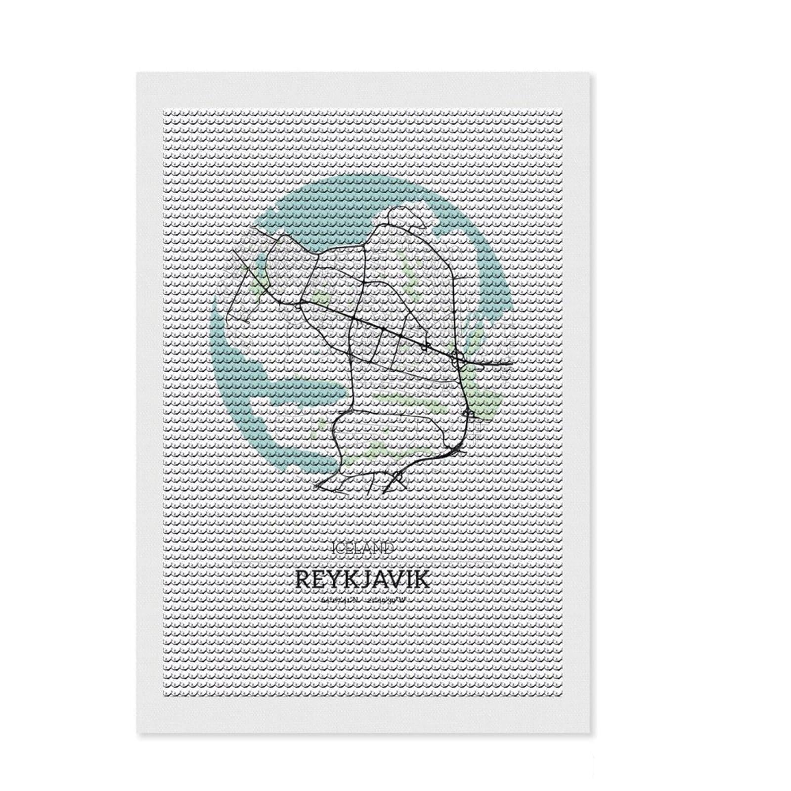 Junmoney Reykjavik Iceland City Map Round Drill Diamond Painting 8"x12", Printed Canvas, Finish and Display, Modern Decor, Christmas Gift