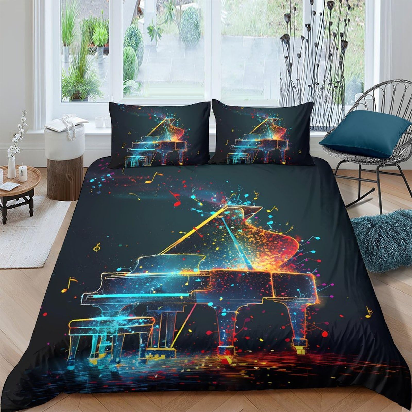 Ctjqhvkz Style-1 3D Printed Neon Piano Fitted Sheet Microfiber Soft Decorative Colourful Music Bed Cover For Bedroom Guest Room Single（135X200cm）