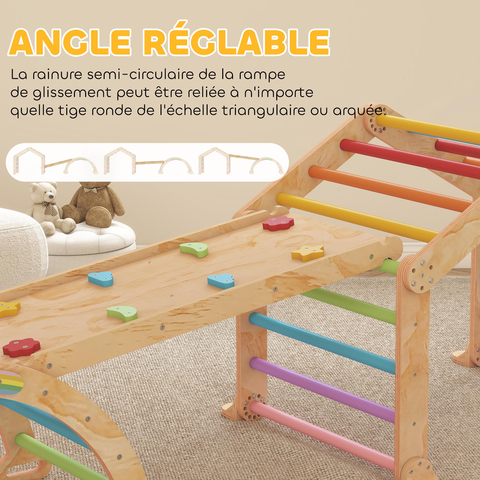 AIYAPLAY Triángulo de Escalada Infantil 9 en 1 de Madera, con Rampa Reversible, Tobogán, Basculas y Estructura de Escalada, Carga Máx. 50 kg, para bebé 18-48 Meses, Multicolor