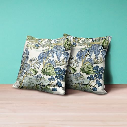 Miniatura 3 de Chinoiserie - Juego de 2 fundas de almohada de 18 x 18 pulgadas, color azul asiático escénico y verde Kelly, fundas de almohada decorativas de lino