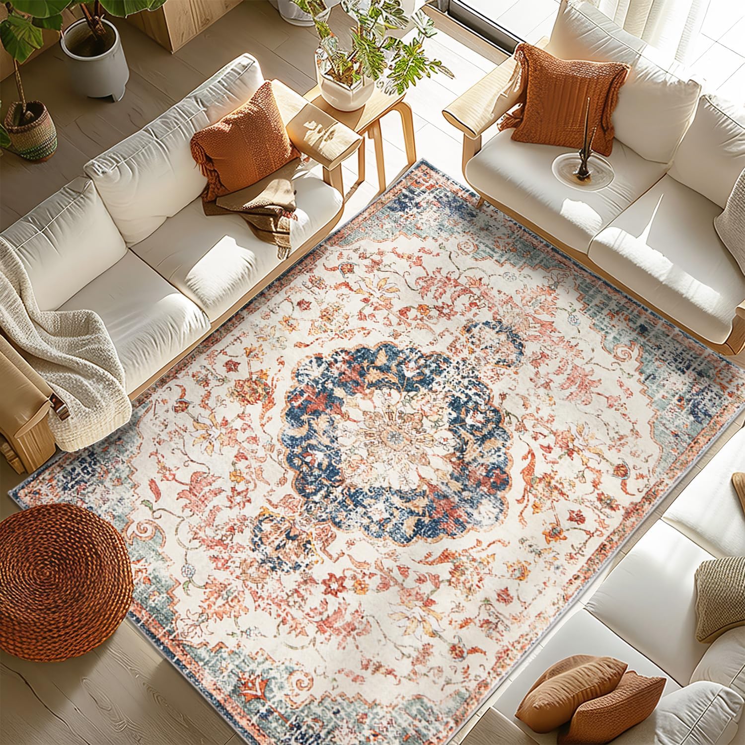 Boho Washable Area Rugs for Living Room - 3'x5' Non Slip Bedroom Rugs, Soft Low Pile Non Shedding Floor Carpet for Entryway, Vintage Print Distressed Indoor Bedside Rugs 3'x5' Yellow Orange