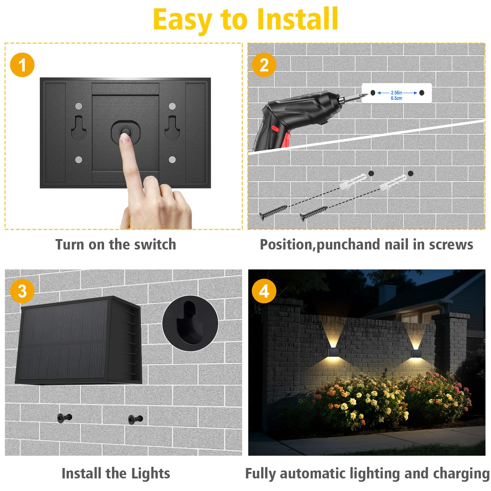 T-SUN Aplique Solar Exterior Pared 4 Piezas, 3000K Blanco Cálido Lámparas Solares Para Exterior Ángulo Del Haz Arriba y Abajo, Luces Solares Exteriores Jardin Impermeable para Porche, Camino, Garaje
