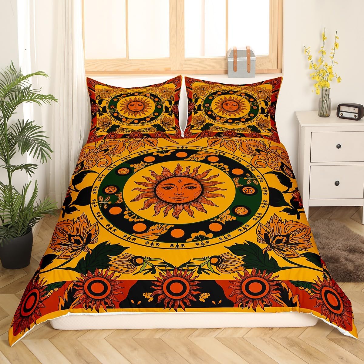 Feelyou Sun Bedding Set Vintage Flowers Comforter Cover Set for Kids Teens Botanical Floral Duvet Cover Natural Leaf Pattern Orange Black Bedspread Cover Room Decor 3Pcs with 2 Pillow Case Full Size