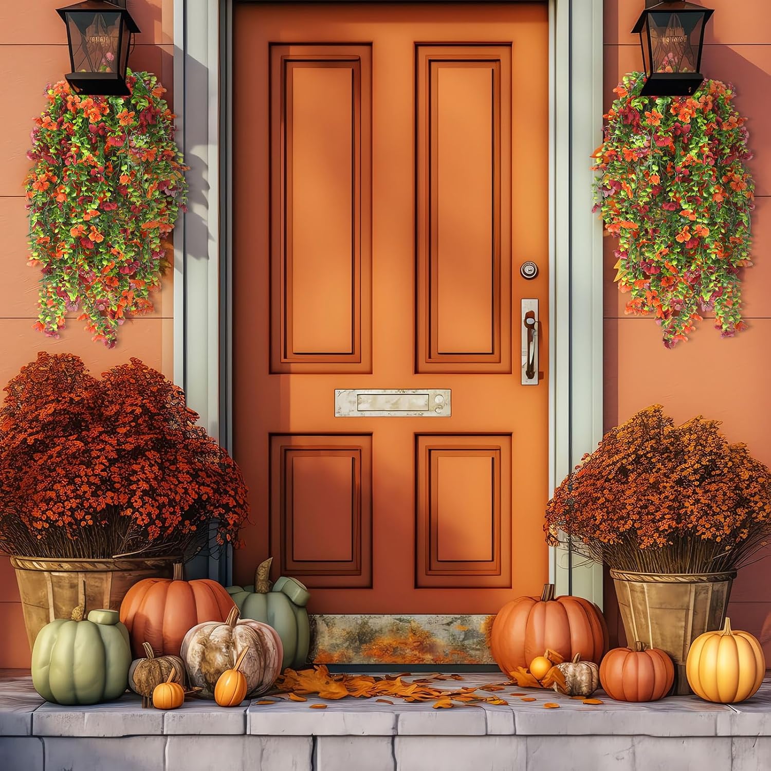 12 Pcs Fall Artificial Hanging Flowers Plants for Outdoor Decoration Fake Silk Mums UV Resistant Daisy Look Real Autumn Violets with Eucalyptus Trailing Vines Porch Patio Yard Garden Balcony - Image 5