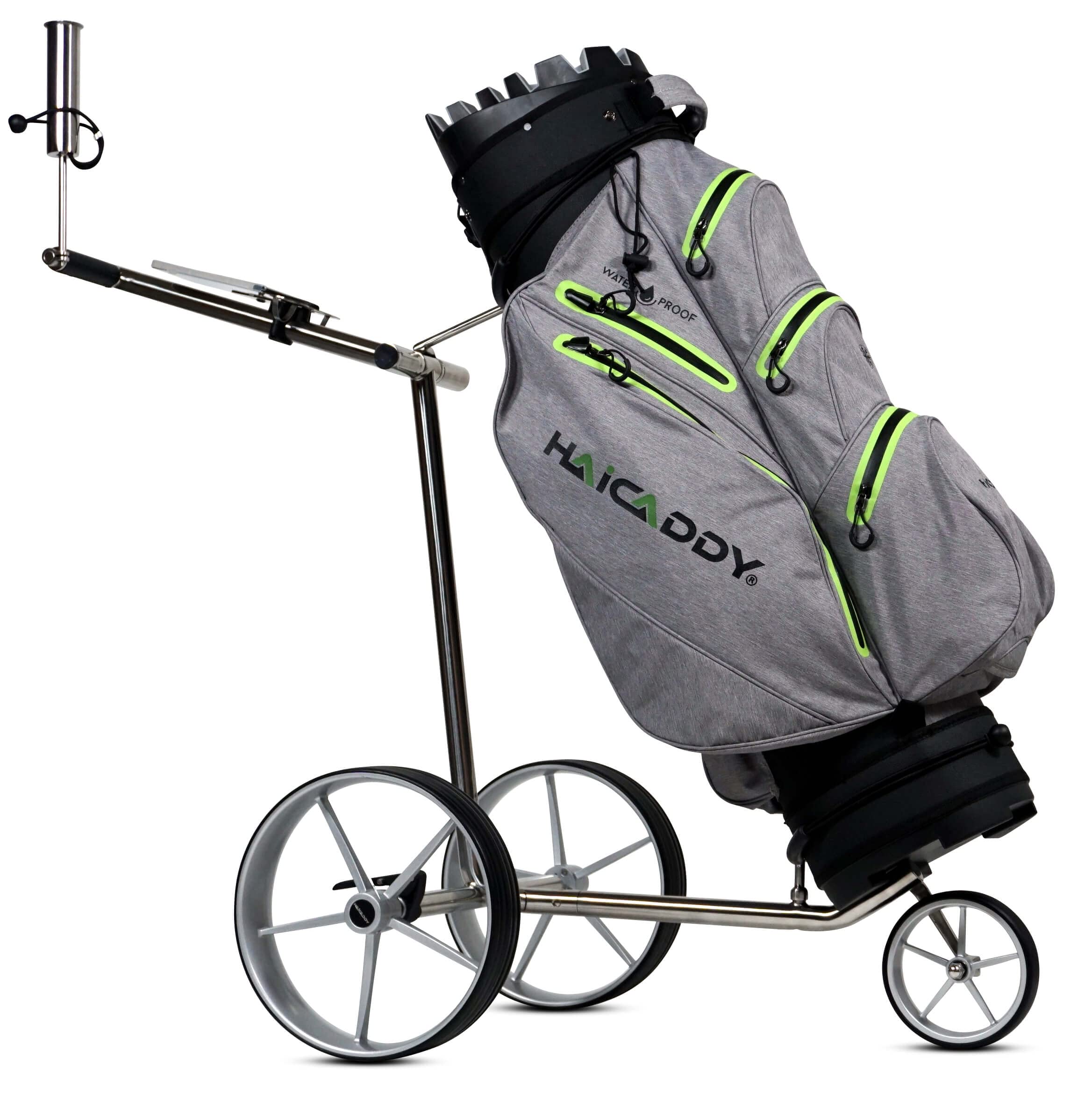tour made HC3X Premium Golf Pushtrolley I klappbar & zerlegbar I 3 Rad | edles Design I manueller Golftrolley aus Edelstahl I inkl. Transporttasche, Schirm- & Scorehalter I Deutsche Markenqualität