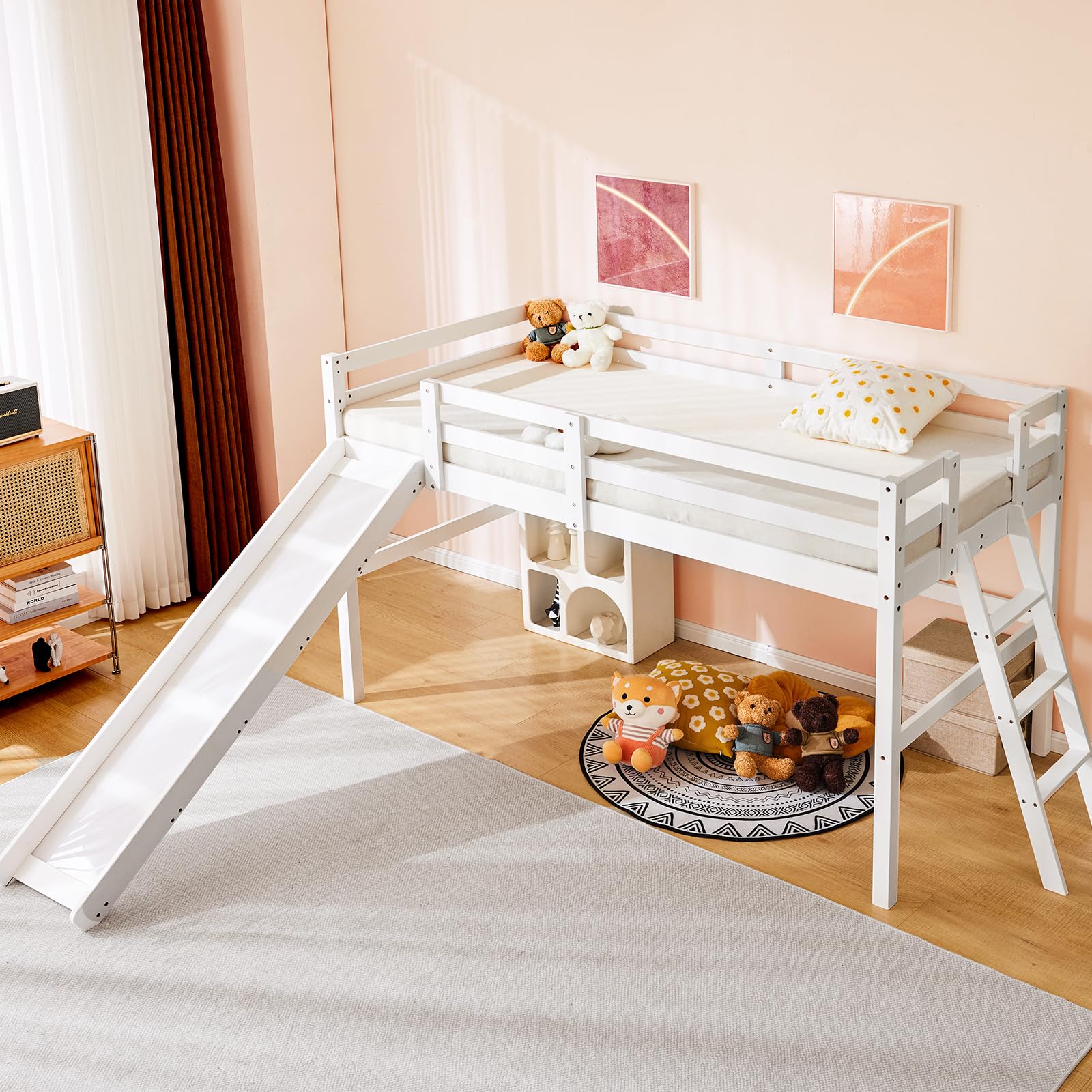 Twin Loft Bed Frame Bunk Beds For Kids Twin Size Loft Bed With Tent And  Tower, Solid Wood Bed Frame With Safety Guardrail And Storage Stairs For  Kids Boys Girls, Semi-enclosed Spacious, image size:1600x1600