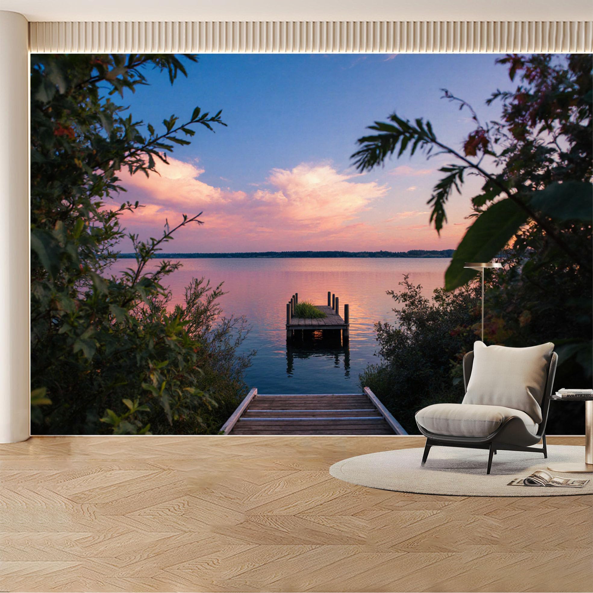 Kayorowalls Bh20260527647 Custom Wall Mural Wallpaper Lake Pier Landscape Nature 3D Effect Large Wall Art Mural Design Sunset Minimalist Removable Selfadhesive Large Photo For Living Room， Bedroom， Office
