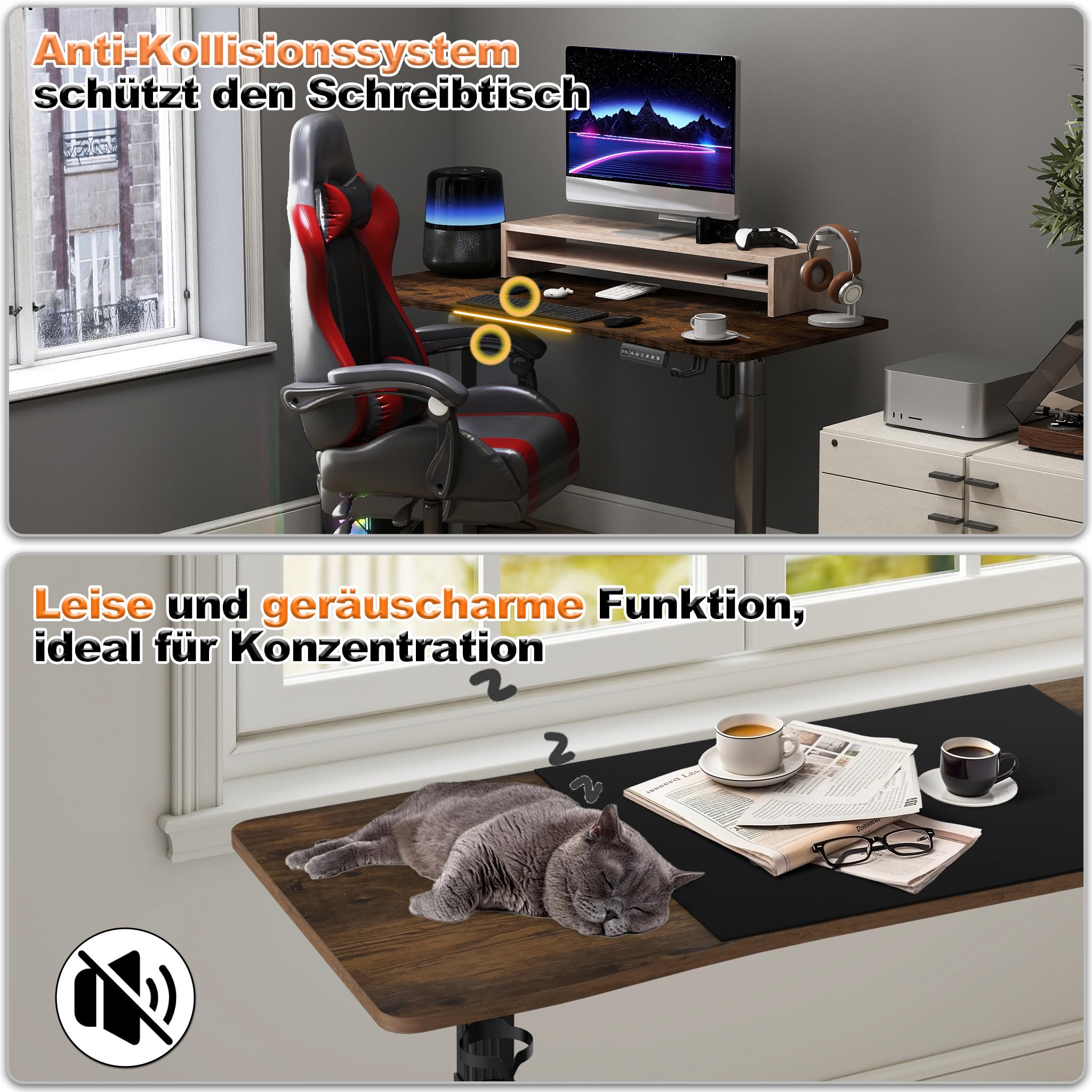 FIVMEN Höhenverstellbarer Schreibtisch 140x60 cm Elektrisch Computertisch Bürotisch mit Typ-C Ladeanschluss, Kopfhörerhake und Getränkehalter Elektrischer Steh-Sitz Tisch mit Memory-Funktion, Braun