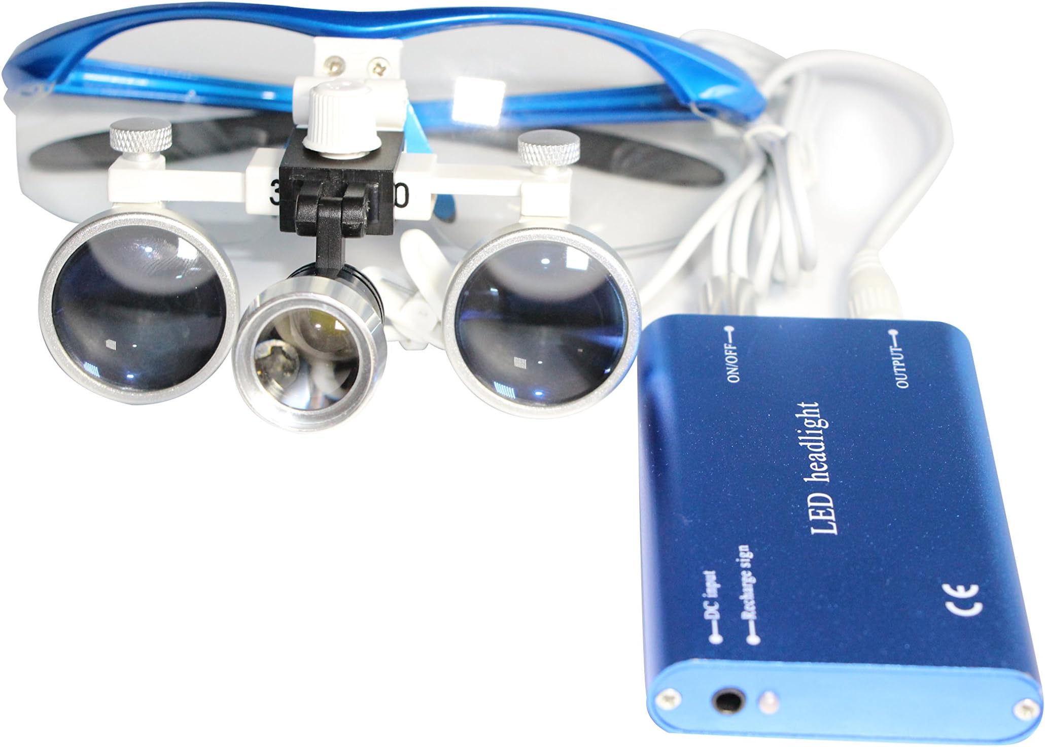 Dental Binocular Loupes 3.5 x 420 mm + LED Head Light Lamp + Aluminium Box (Blue)