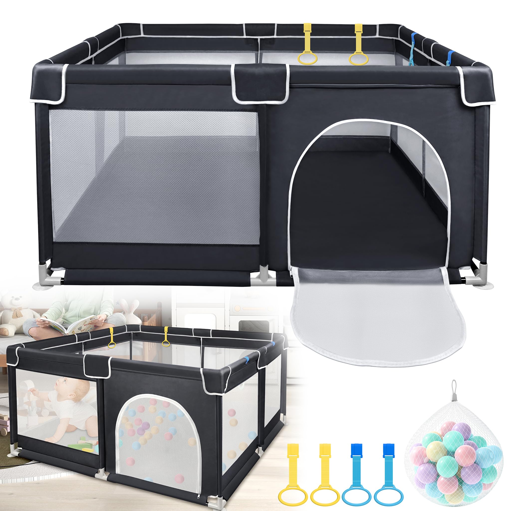 UISEBRT Laufstall Baby Laufgitter Schutzgitter mit Rutschfester Basis und Atmungsaktivem Netz und 50 Bälle, Stabiler Absperrgitter Aktivitätszentrum für Kinder,Schwarz,127x127cm