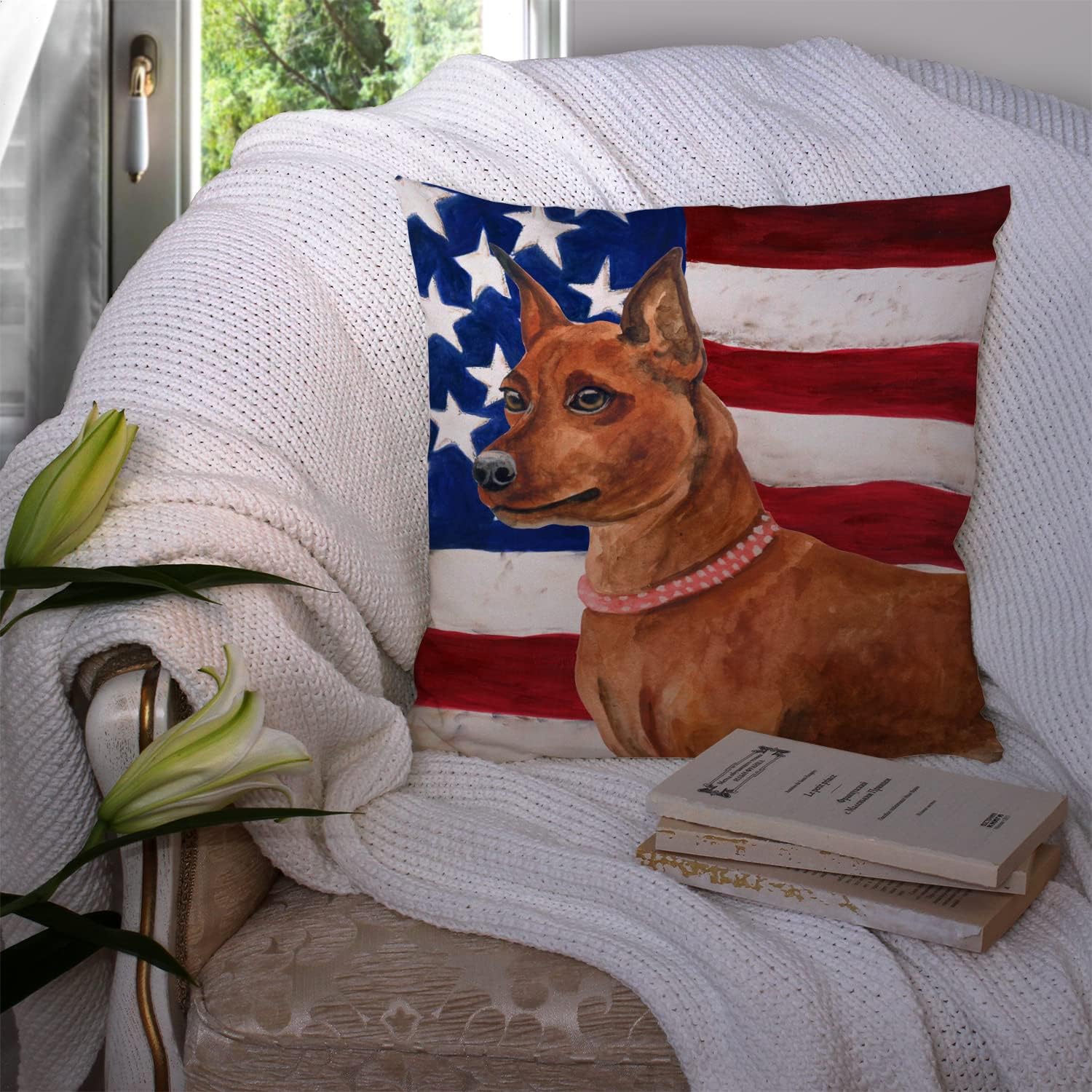 Caroline's Treasures BB9656PW1414 Miniature Pinscher Patriotic Fabric Decorative Pillow Machine Washable, Indoor Outdoor Decorative Pillow for Couch, Bed or Patio, 14Hx14W