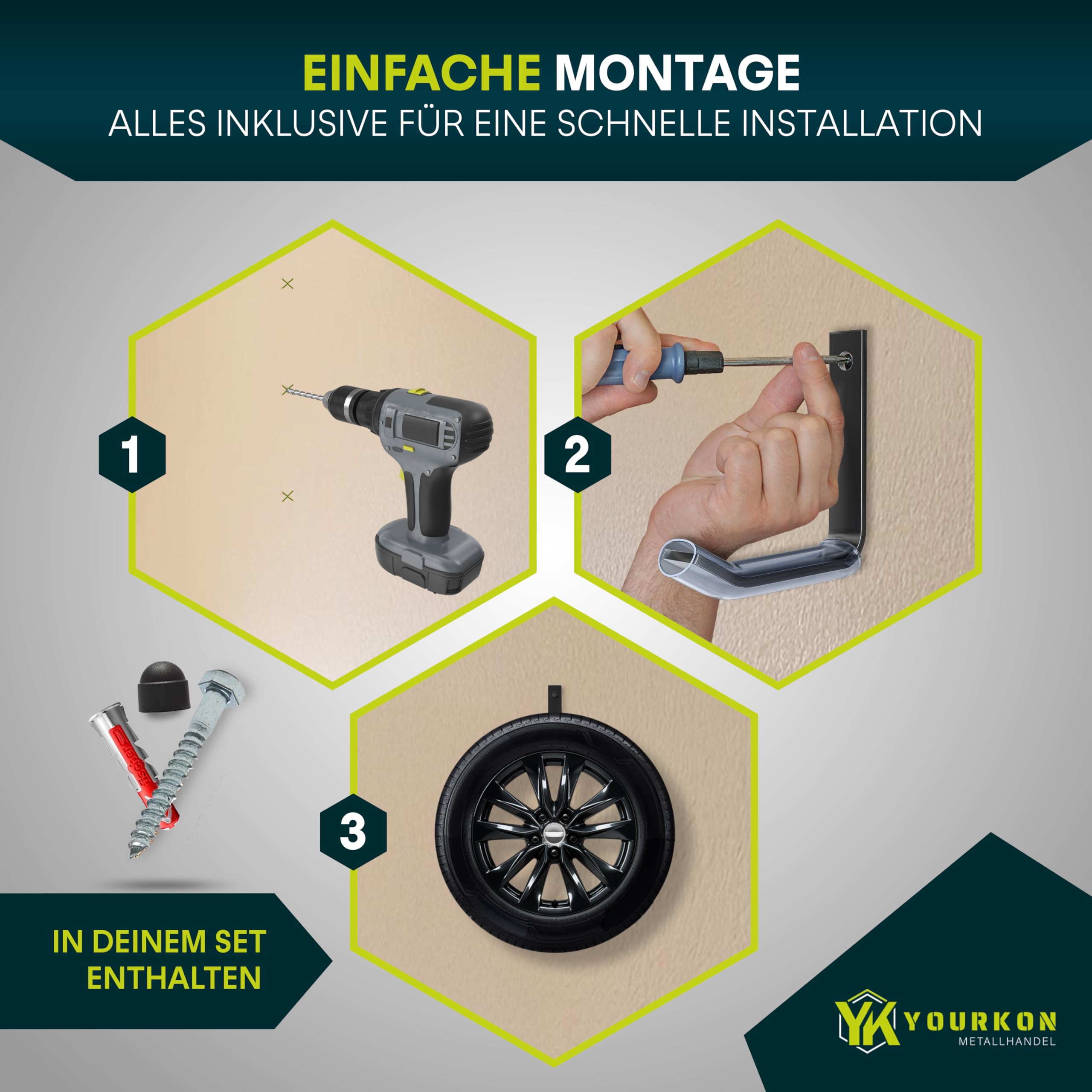 Yourkon WandFix: Reifen- und Felgenhalter 4er Set Platzsparende Wandhalterung für Reifen Tragfähigkeit bis 25KG inklusive Montagematerial