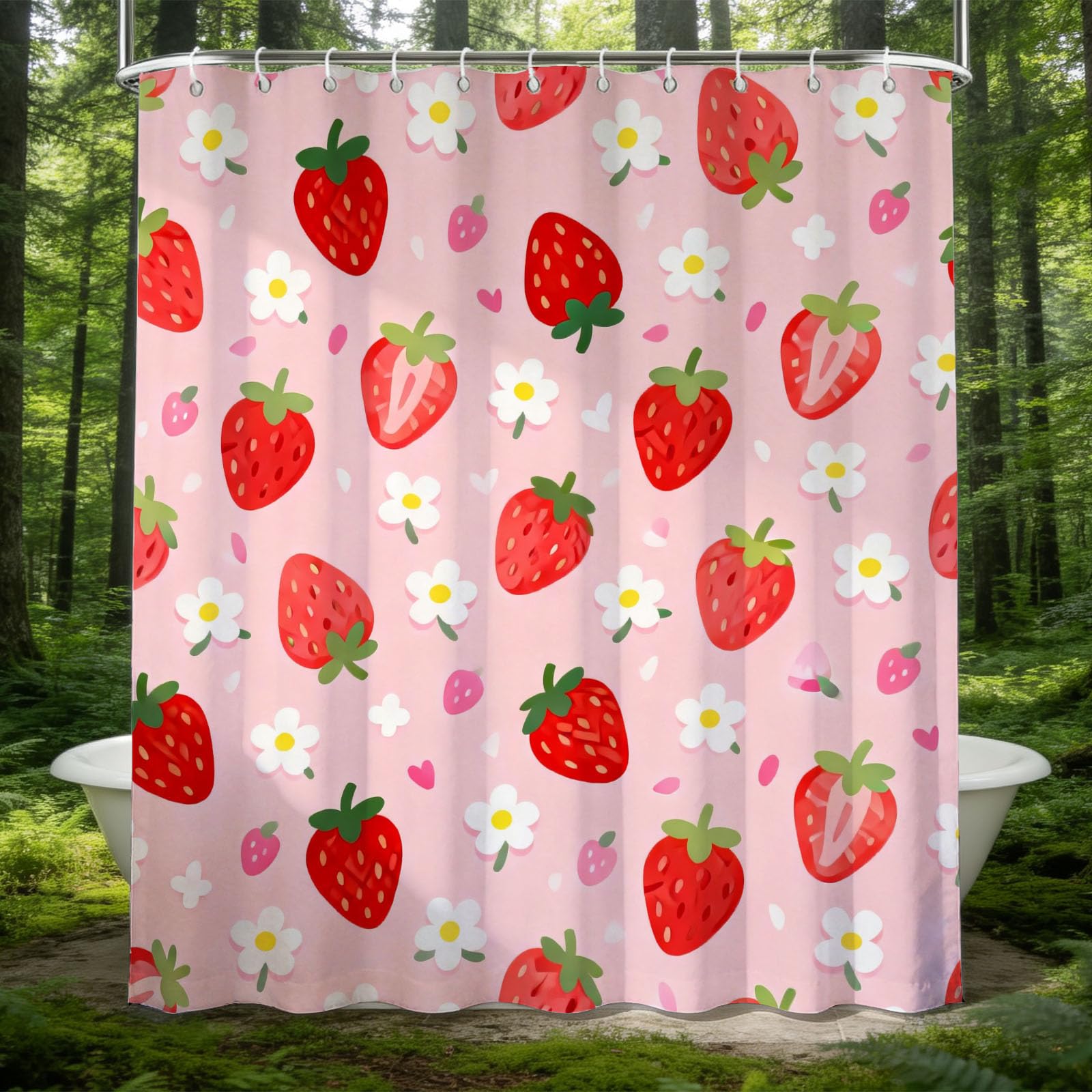 Hongduo Girls White 3D Cartoon Strawberry Shower Curtain For Stalls Bathtubs Bathroom Decor Shower Curtain Set Polyester Fabric Waterproof 120X180cm/48X71 Inch With Hooks