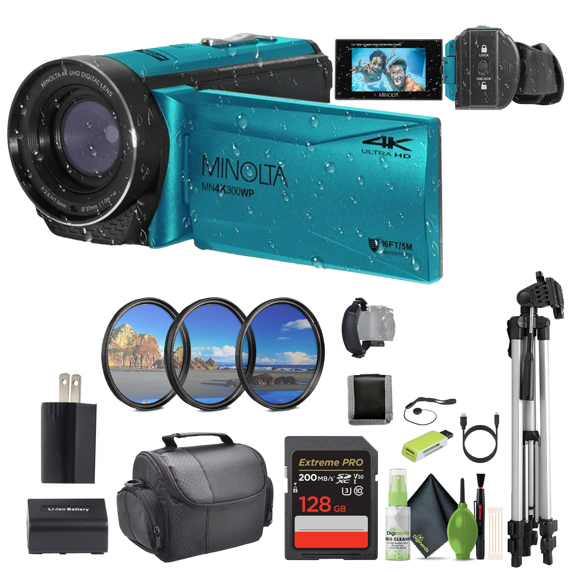 Minolta MN4K300WP 4K Ultra HD / 56 MP Waterproof Video Camcorder (Blue) Bundle with 128GB Memory Card + Camera Tripod + More Accessories