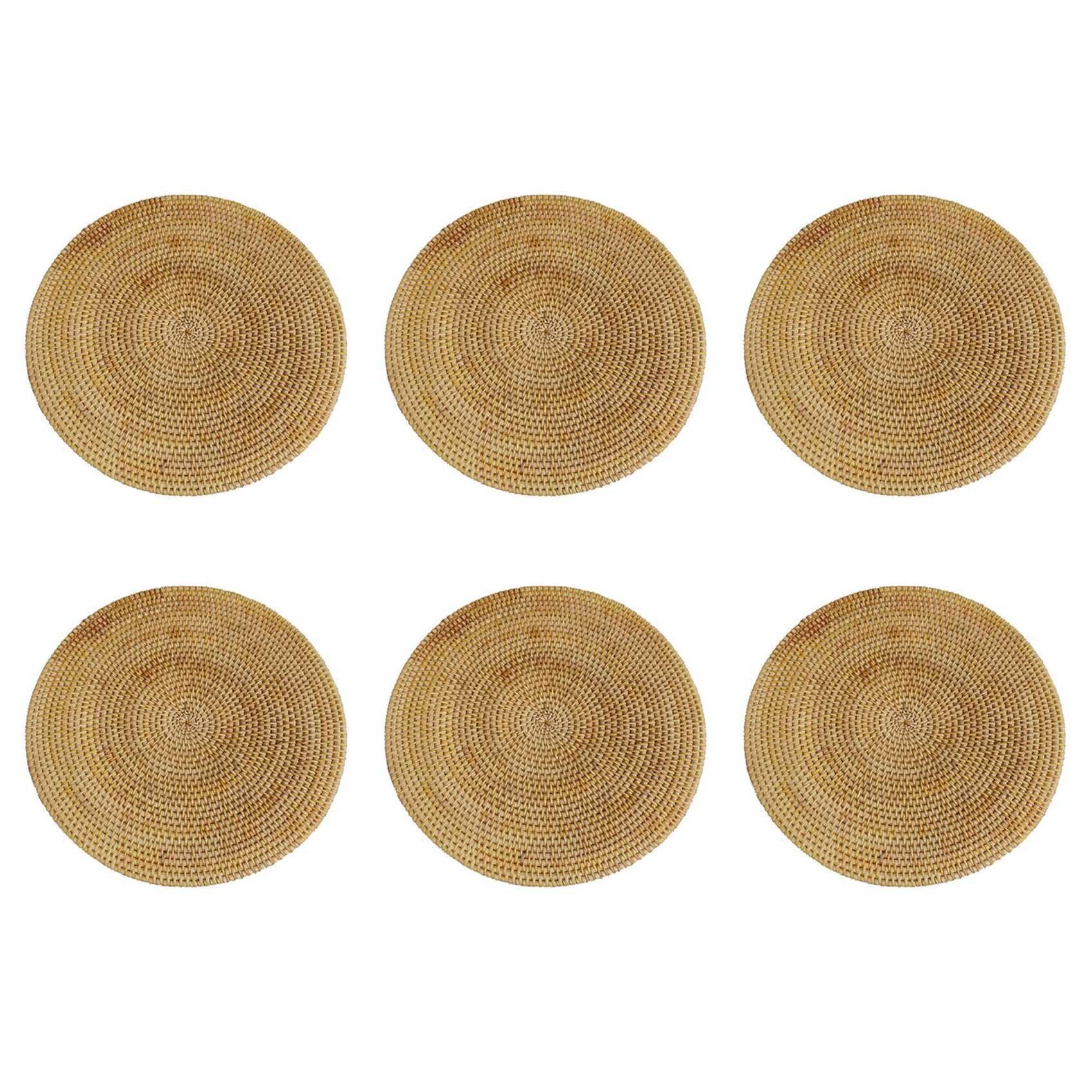 Hndhbfgrt 6X Handwoven Rattan Placemats,Round Wicker Table Mats, Natural Woven Placemats for Dinner Table,Heat Mats