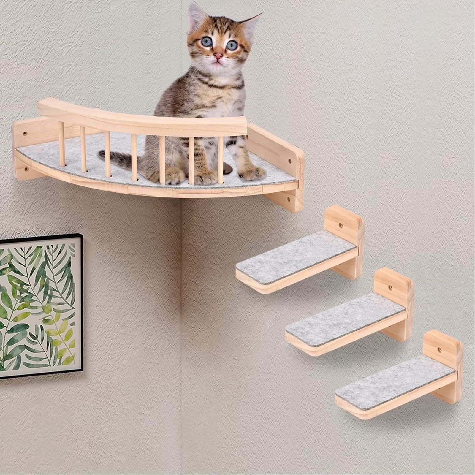 Perchoir d'angle Mural pour Chat avec 3 Marches, Étagère d’Escalade Murale pour Chat Mur Escalier en Bois, Échelle Parcours Mural Chats Interieur pour Grimper, Dormir et Jouer, avecTapis en Feutre