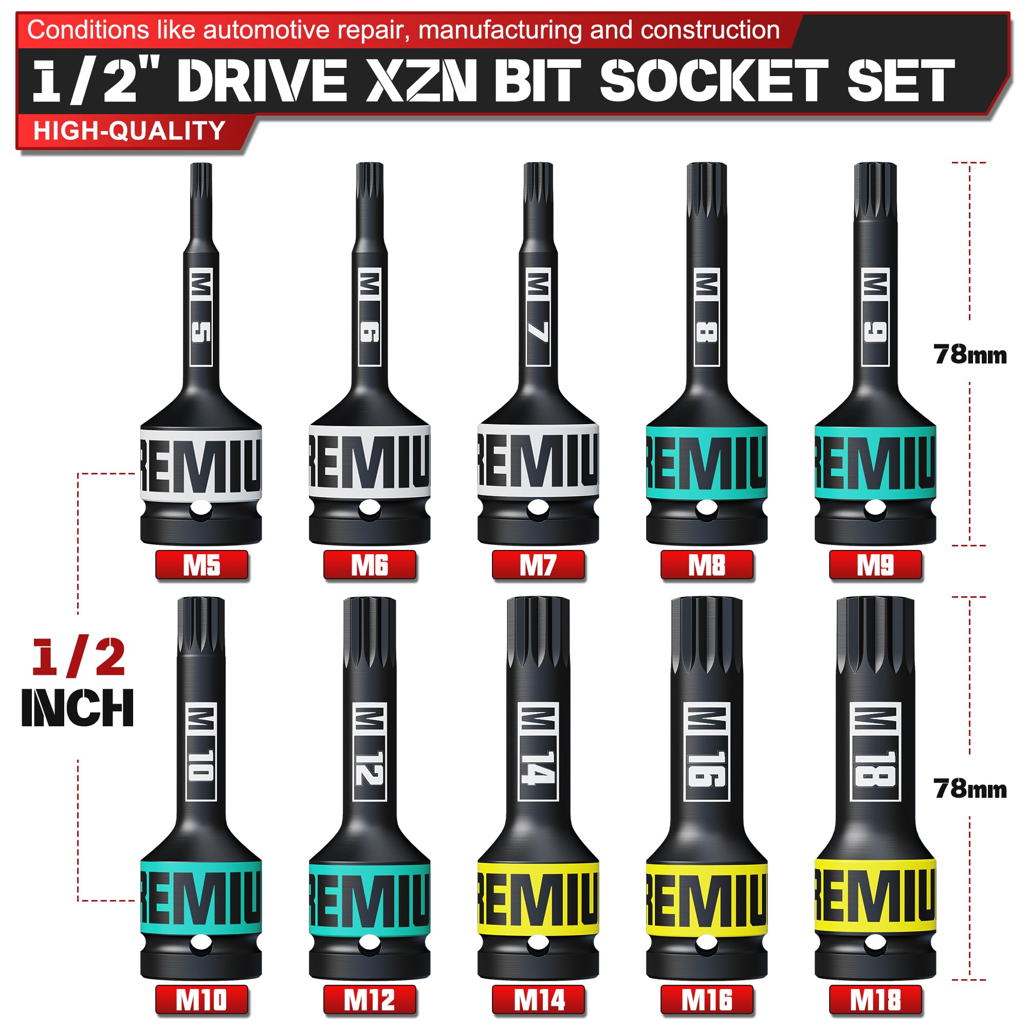 Chiavi a Bussola XZN 1/2", 10 Pezzi Bussola con Denti Multipli Set, M5 - M18 Tripla Scanalatura Quadrata, Indicato per Interventi su Auto Piccole Riparazioni Domestiche