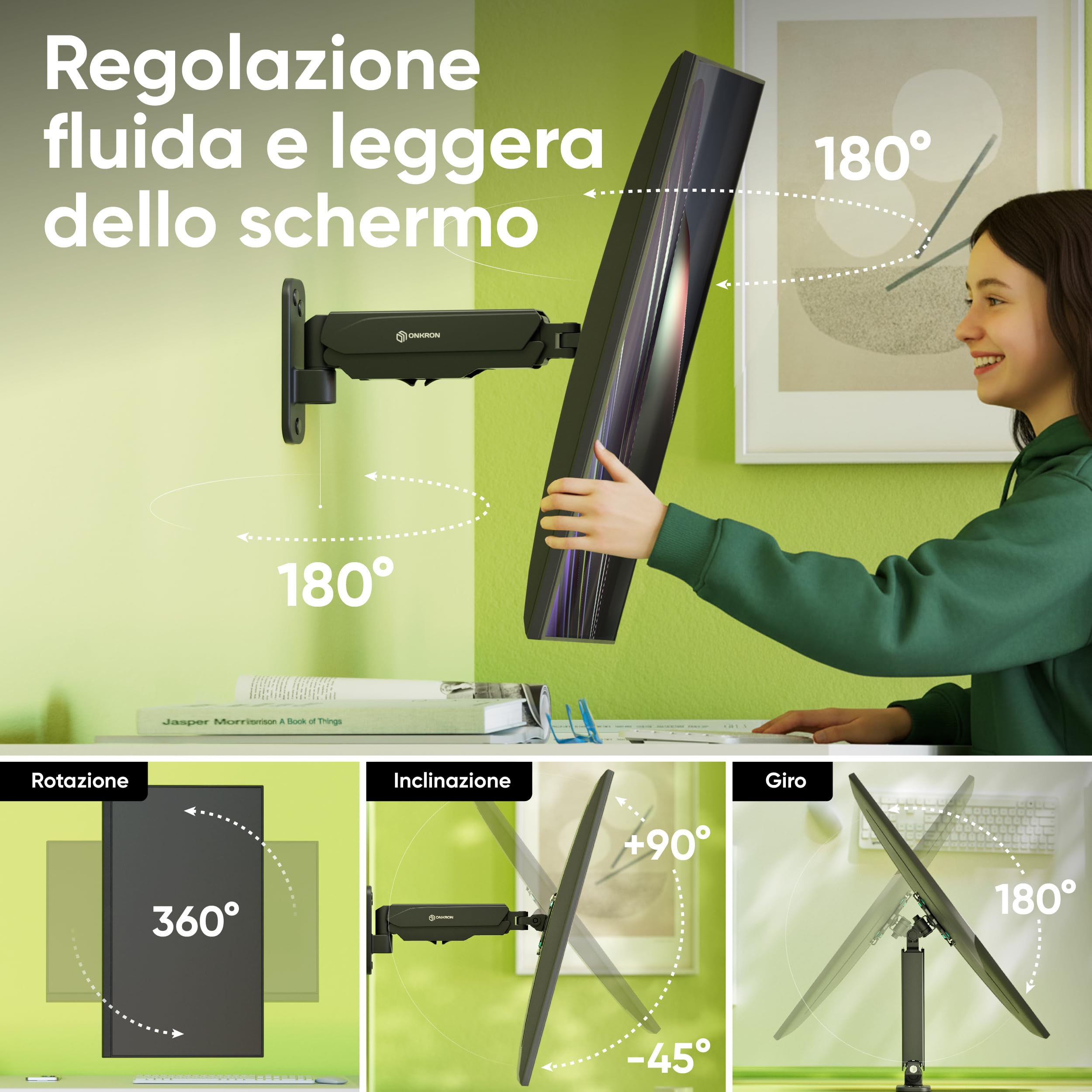 ONKRON Braccio per TV da 13 a 34 pollici - Supporto a Muro per TV Universale con Peso fino a 8 kg - Staffa Televisore con VESA 75x75 e 100x100 mm/Porta TV Girevole, Inclinabile e Rotativo G120-B Nero