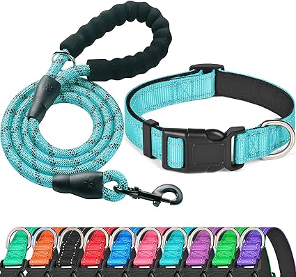 Ladoogo Reflective Dog Collar Padded with Soft Neoprene Breathable Adjustable Nylon Dog Collars for Small Medium Large Dogs (Medium (Pack of 1), Blue Collar+Leash)