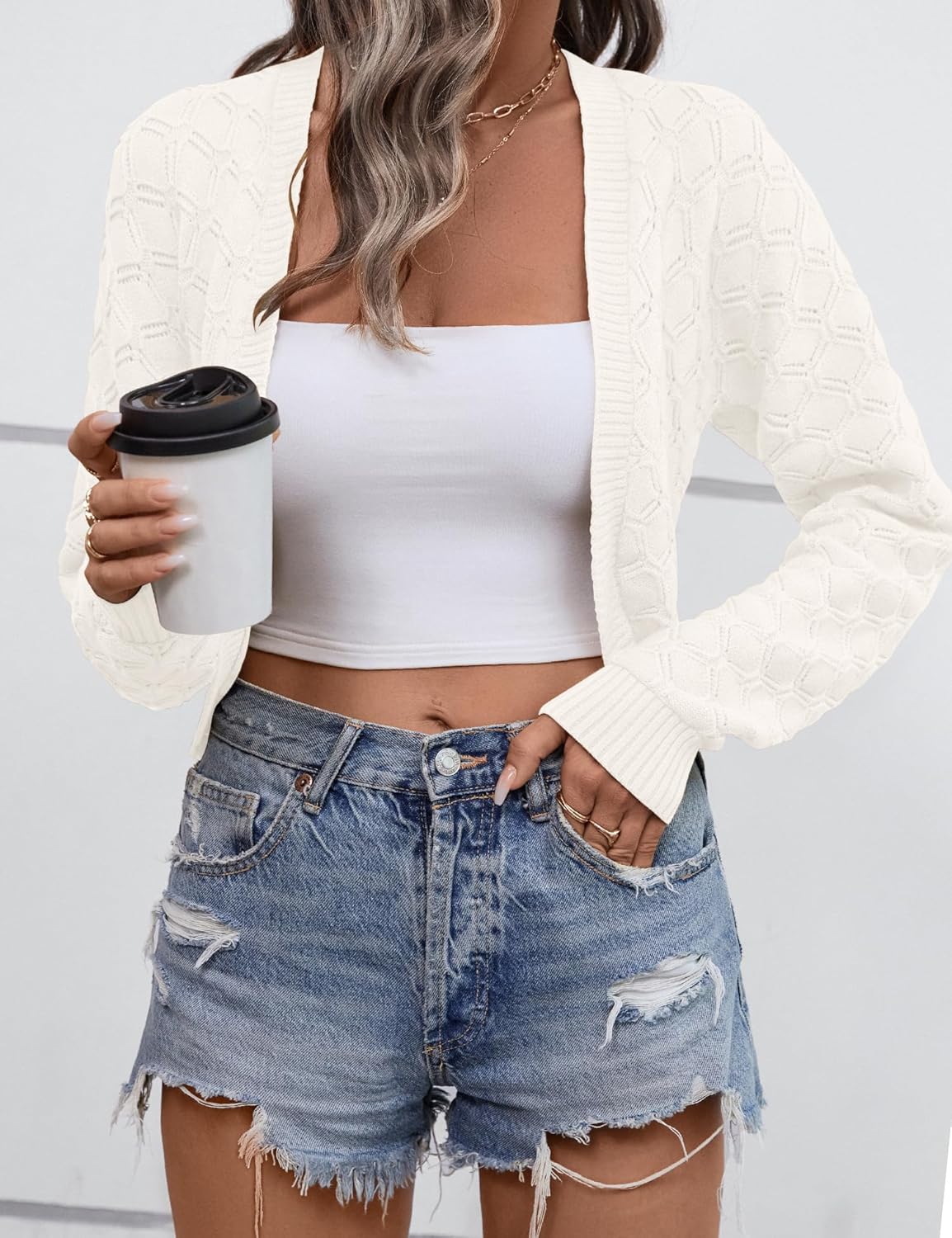 LOMON Womens Cropped Cardigan Bolero Shrugs for Dresses Knit Open Front Long Sleeve Sweater - Image 2