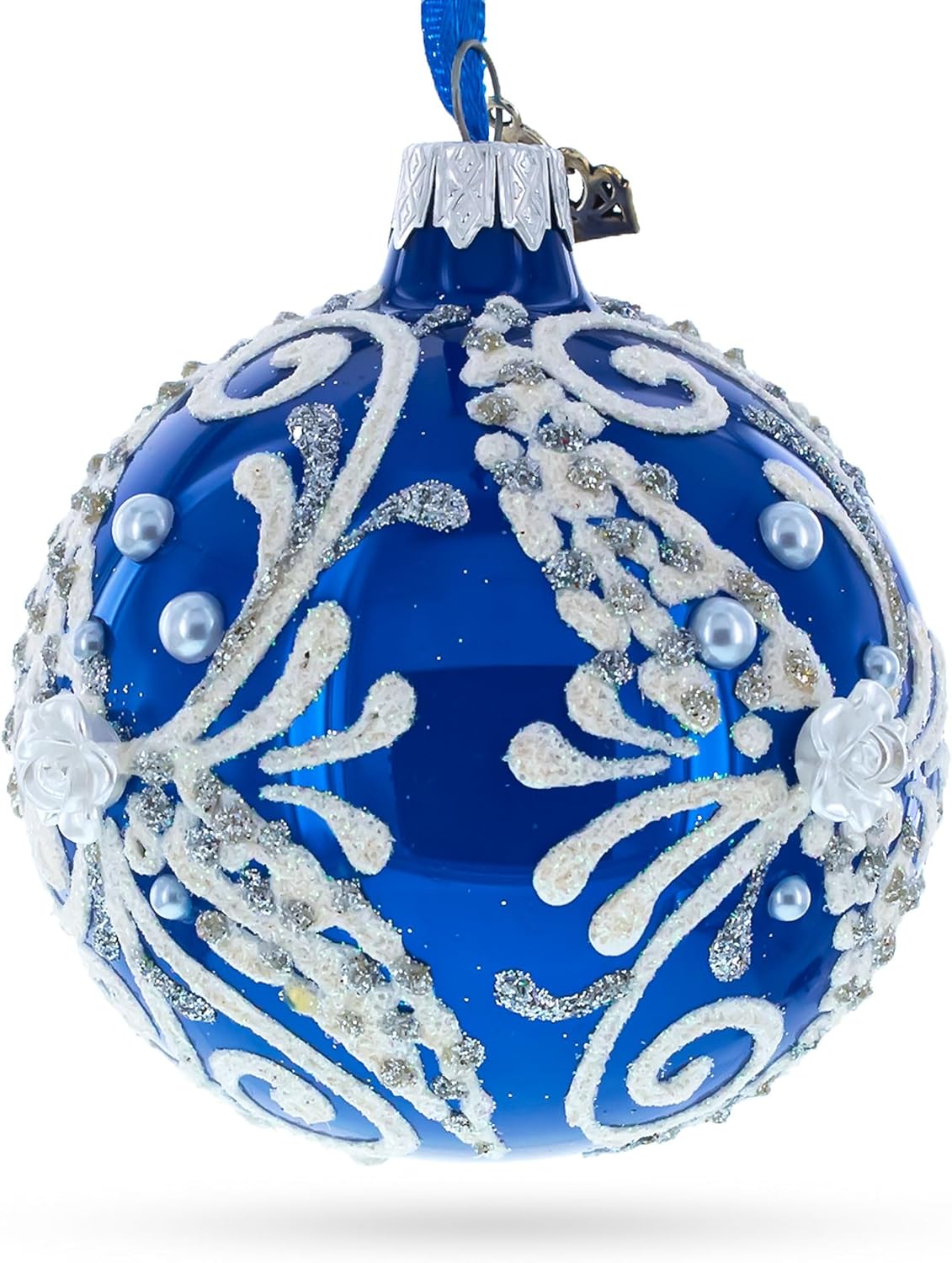 Snow Swirls on Blue Glass Ball Christmas Ornament 3.25 Inches - Image 2