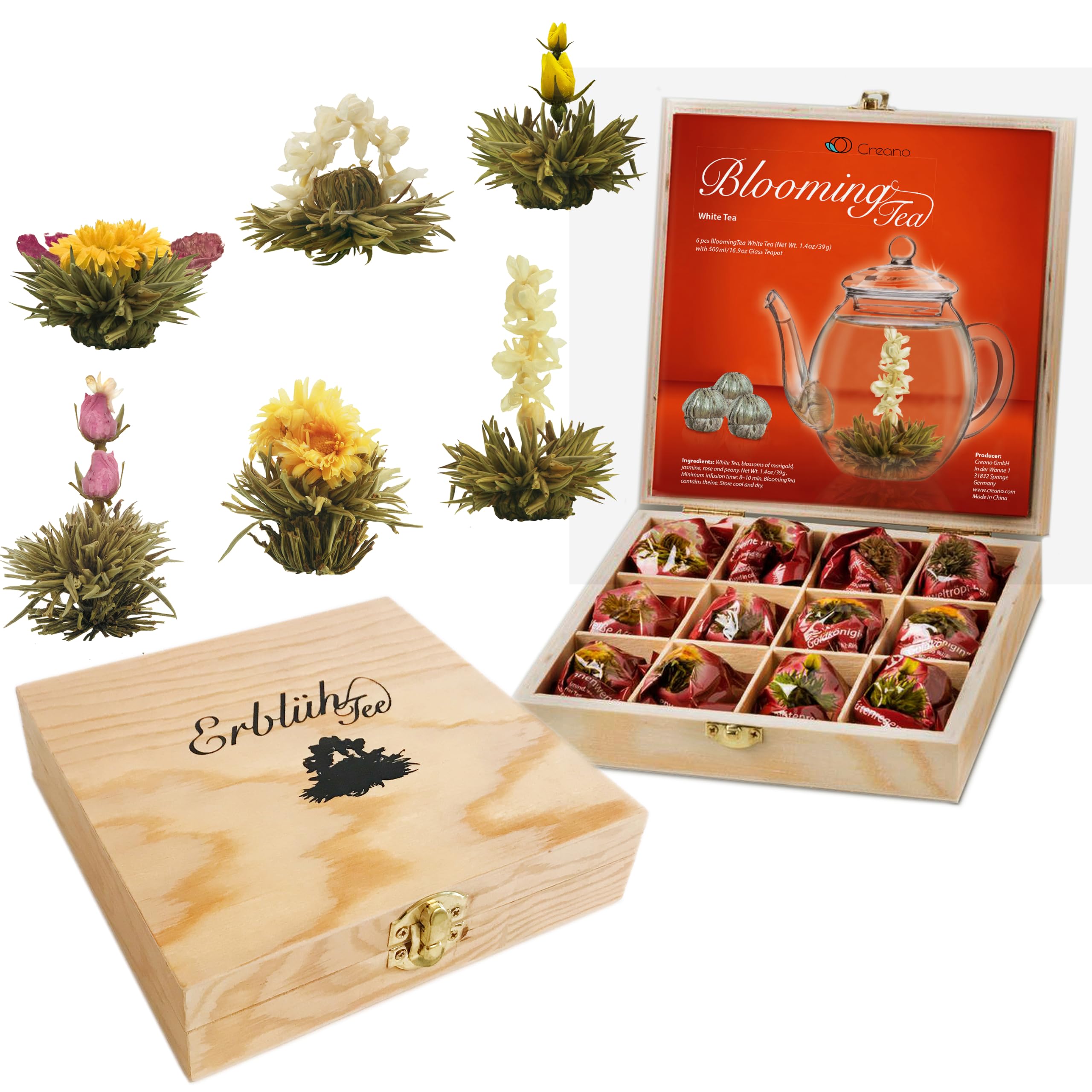 Creano Flores de Té Blanco 12 uds – Cofre de Madera con 6 Variedades – Regalo Sostenible y Elegante para Mujer y Amantes del Té Gourmet