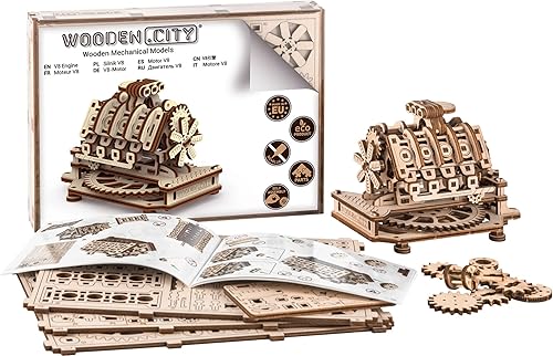 Miniatura 9 de WOODEN.CITY Kit de rompecabezas de madera 3D con motor V8, modelo mecánico de 200 piezas, fabricado en la UE
