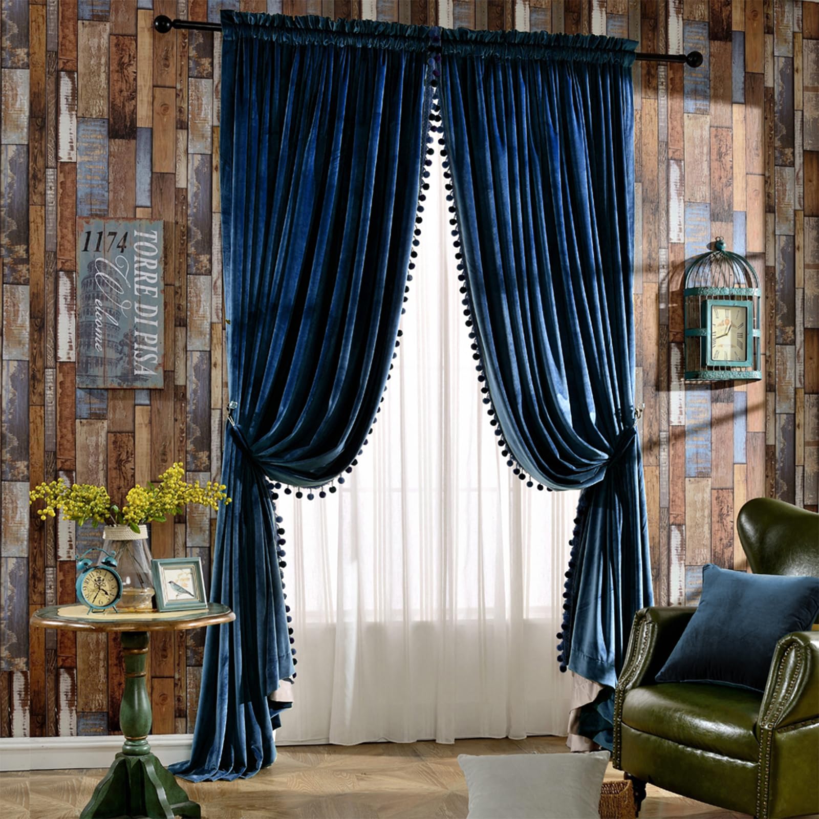 Melodieux Luxury Pom Poms Velvet Curtains for Living Room Bedroom, Vintage Light Blocking Rod Pocket Home Office Window Decor Drapes, 52" W x 96" L, Royal Blue (2 Panels)