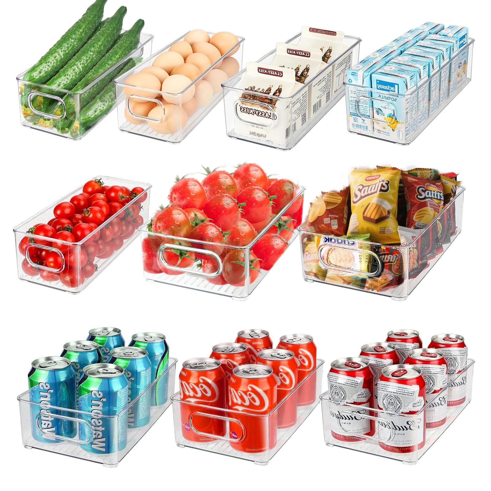 6Pcs Organizer Frigorifero con Maniglia,Organizzatore Cucina per Snack & Lattine, Set Contenitori Trasparente Impilabili per Frigo,Bagno,Dispensa Armadietti,Cassetti Frigoriferi,Ripiani (2 Dimensioni)